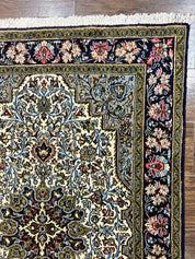 Persian Qum Rug 3x5, Wool with Silk Highlights, Handmade Semi Antique Carpet, Ivory & Navy Blue, Floral Medallion, Finely Hand Knotted