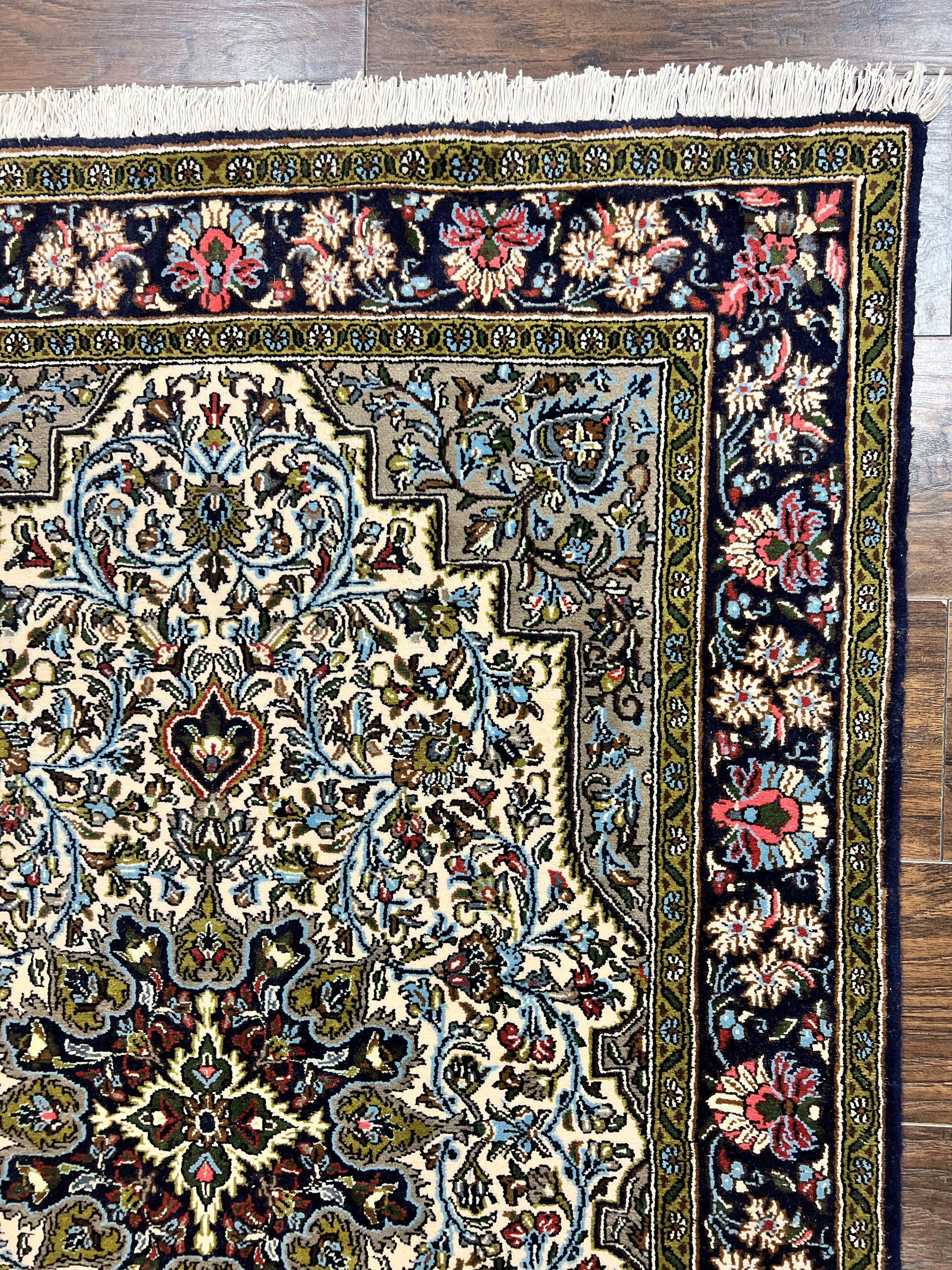 Persian Qum Rug 3x5, Wool with Silk Highlights, Handmade Semi Antique Carpet, Ivory & Navy Blue, Floral Medallion, Finely Hand Knotted