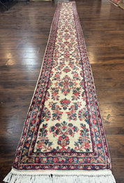 Persian Sarouk Runner Rug 2.4 x 21, Handmade Wool Floral Runner Rug for Hallway, 21ft Runner, Ivory