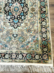 Indian Kashmiri Silk Rug 3x5, Floral Medallion, Fine 200 KPSI