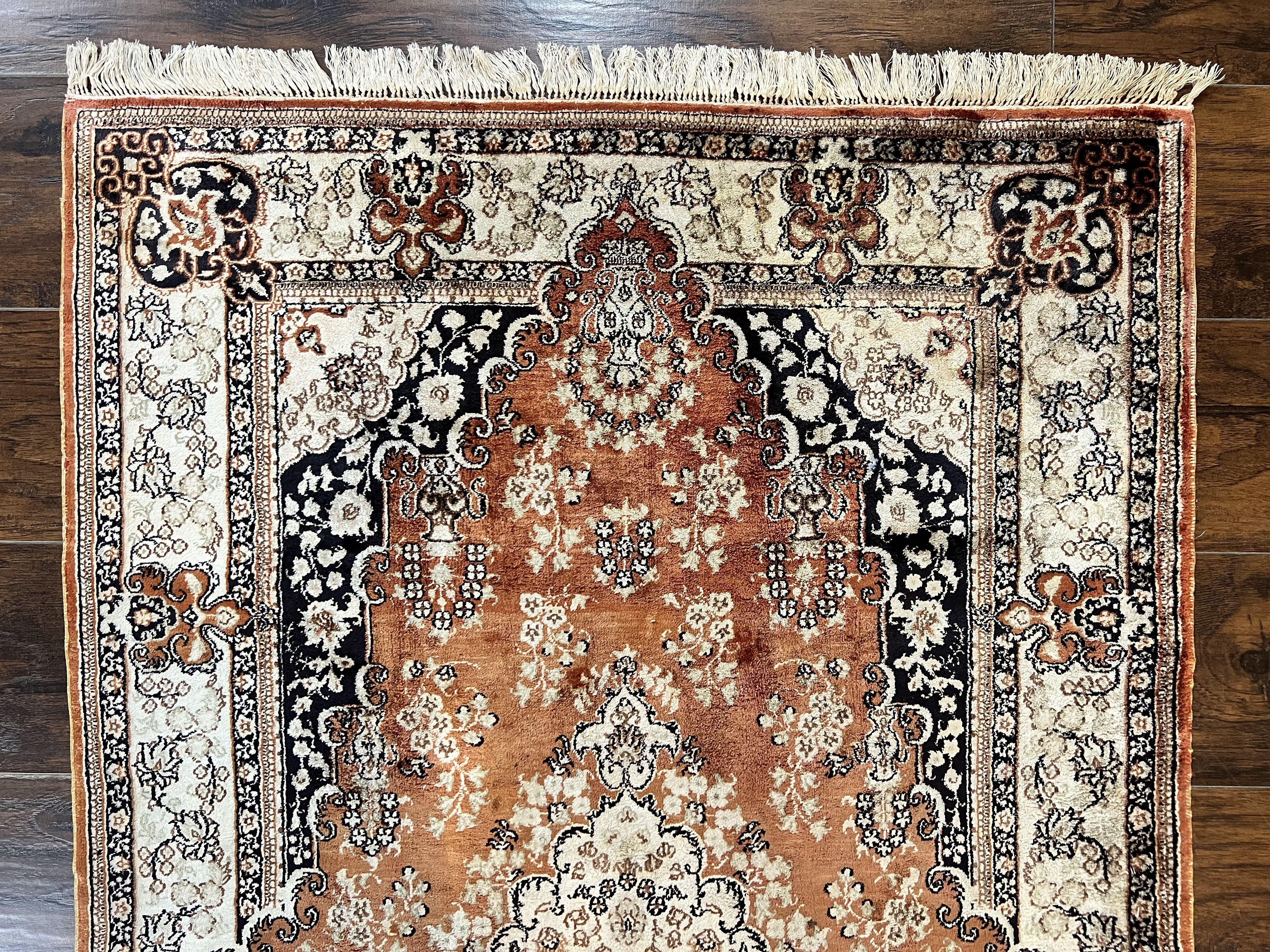 Turkish Silk Rug 3x5, Very Fine 400 KPSI, Floral Medallion, Handmade Hand Knotted Silk on Silk Oriental Carpet