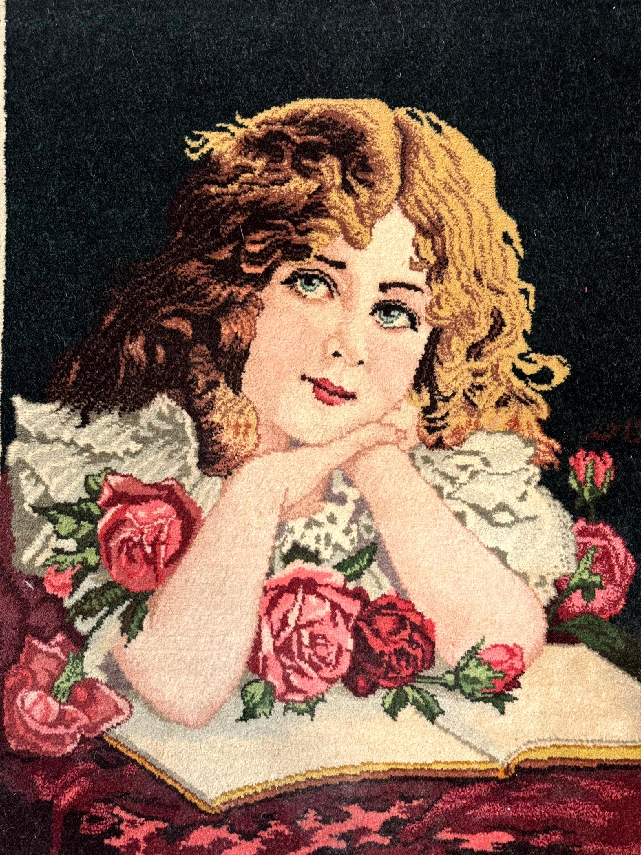 Small Persian Tabriz Pictorial Rug of Young Girl, Very Fine 380 KPSI, Portrait of Young Lady with Roses, Handmade, Persian Rug for Wall Hanging