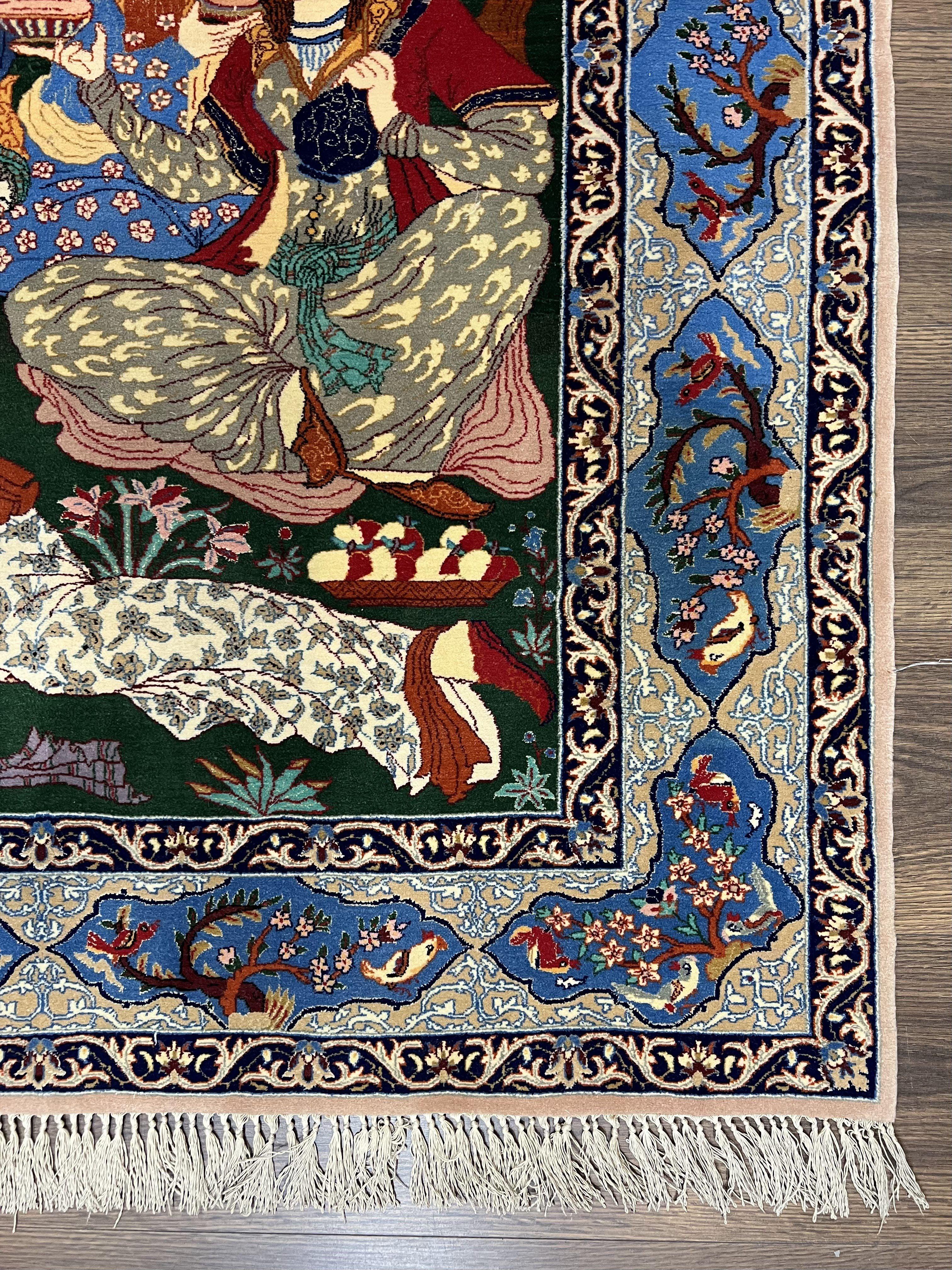 Fine Persian Isfahan Pictorial Rug 3.7 x 5, Kork Wool on Silk Foundation, Blue Persian Carpet, Hand Knotted, Humans Birds, High KPSI, Semi Antique