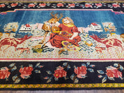 Antique Persian Pictorial Rug 4'6" x 9', Wool Hand-Knotted Blue Roses Karabagh Caucasian Carpet, 1920s Girl Deer Tapestry Wall Hanging Rug