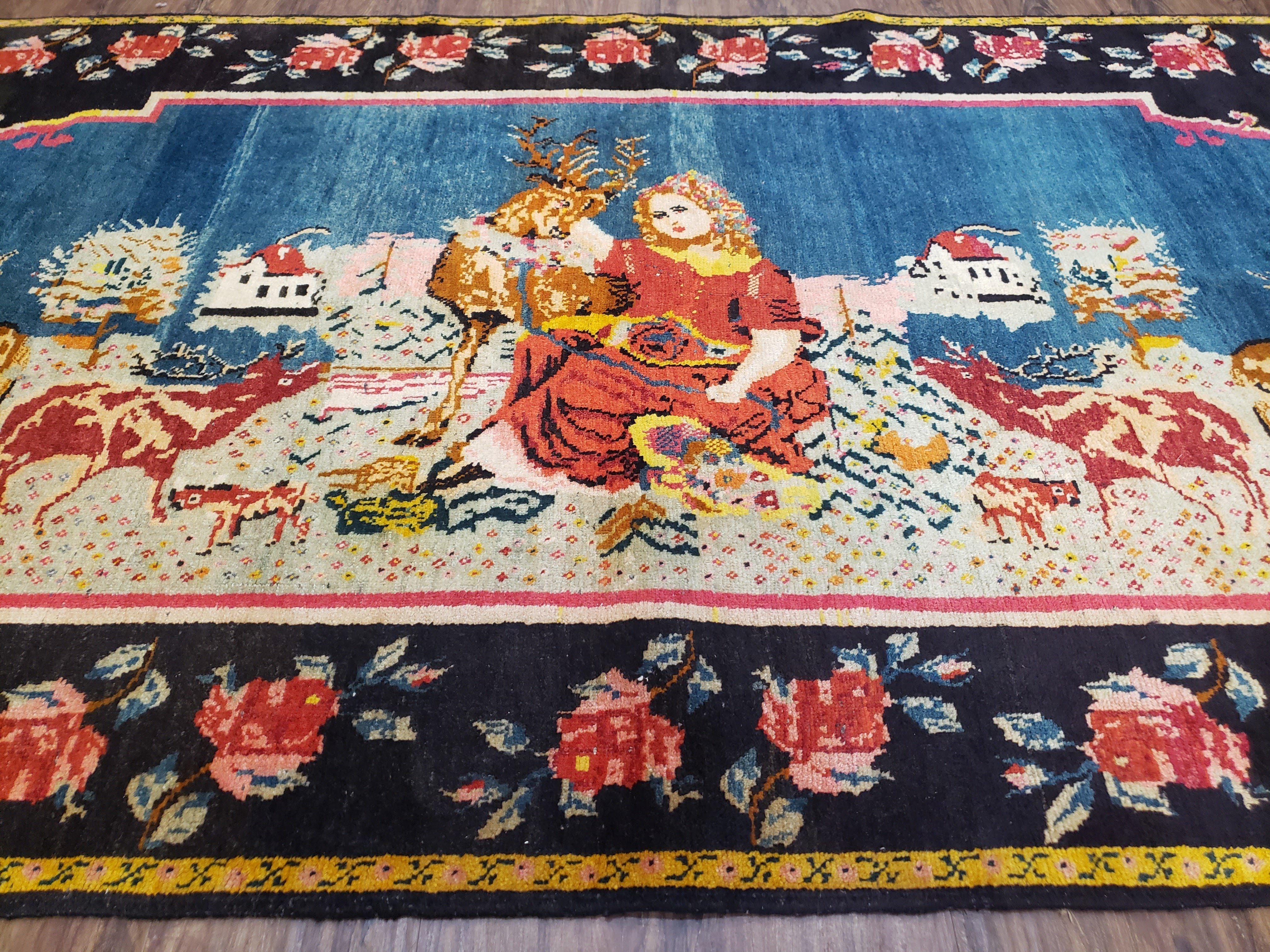 Antique Persian Pictorial Rug 4'6" x 9', Wool Hand-Knotted Blue Roses Karabagh Caucasian Carpet, 1920s Girl Deer Tapestry Wall Hanging Rug