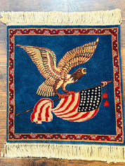 Pictorial Rug of American Flag with Bald Eagle, Small Indo Persian Pictorial Rug, Blue, Handmade, Very Fine 330 KPSI