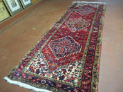 Persian Runner Rug, Heriz Runner Rug, Geometric Medallions, Red Cream Navy Blue Wool Hallway Rug 3.9 x 10.8 Antique Oriental Runner Handmade