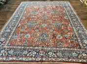 Persian Sarouk Rug 9x12, Red and Dark Blue Floral Allover Antique Persian Carpet, Handmade Wool Qazvin Rug