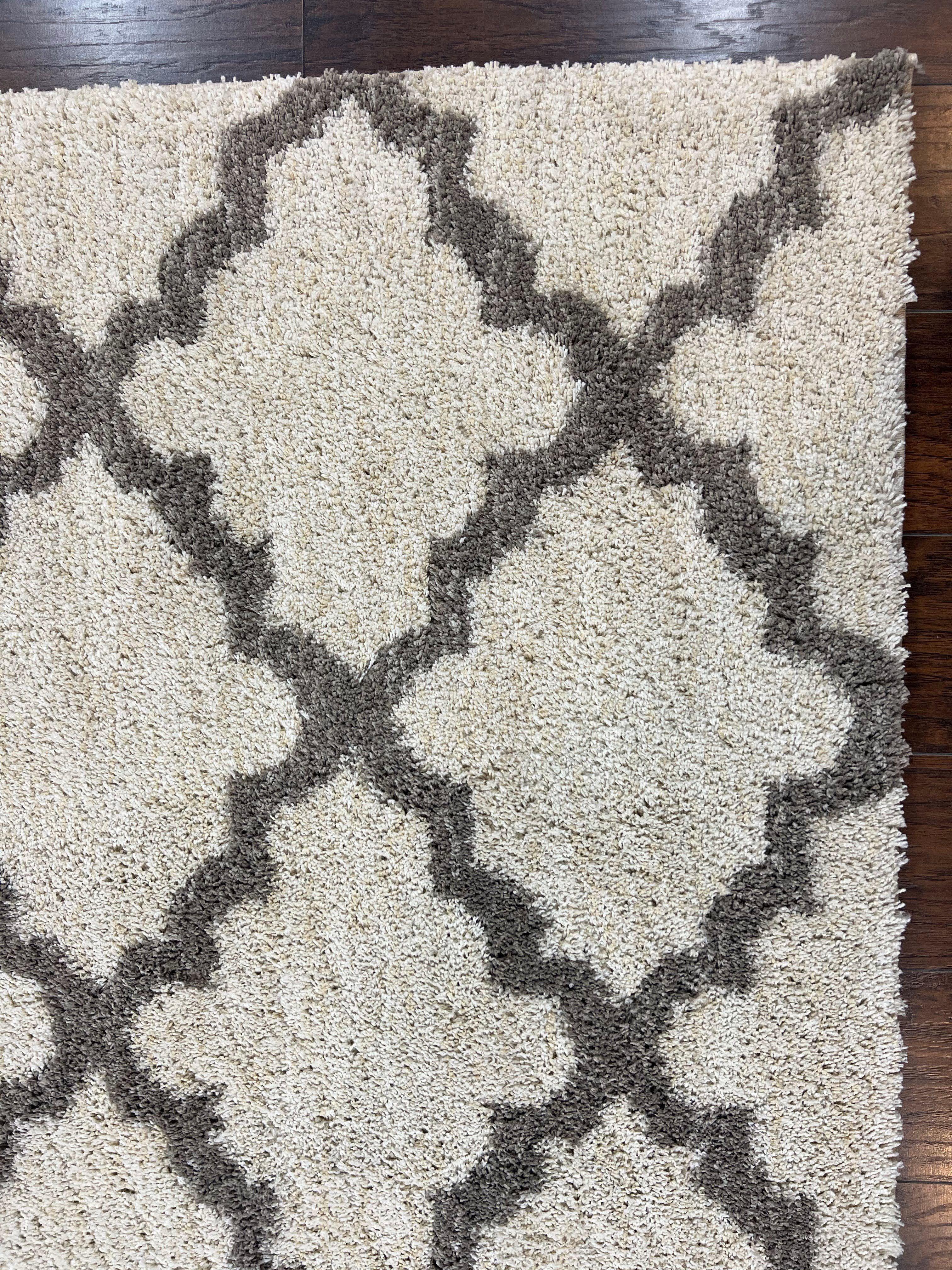 Modern Shag Rug, Ivory and Gray, Diamond Panel Design, Room Sized Area Rug
