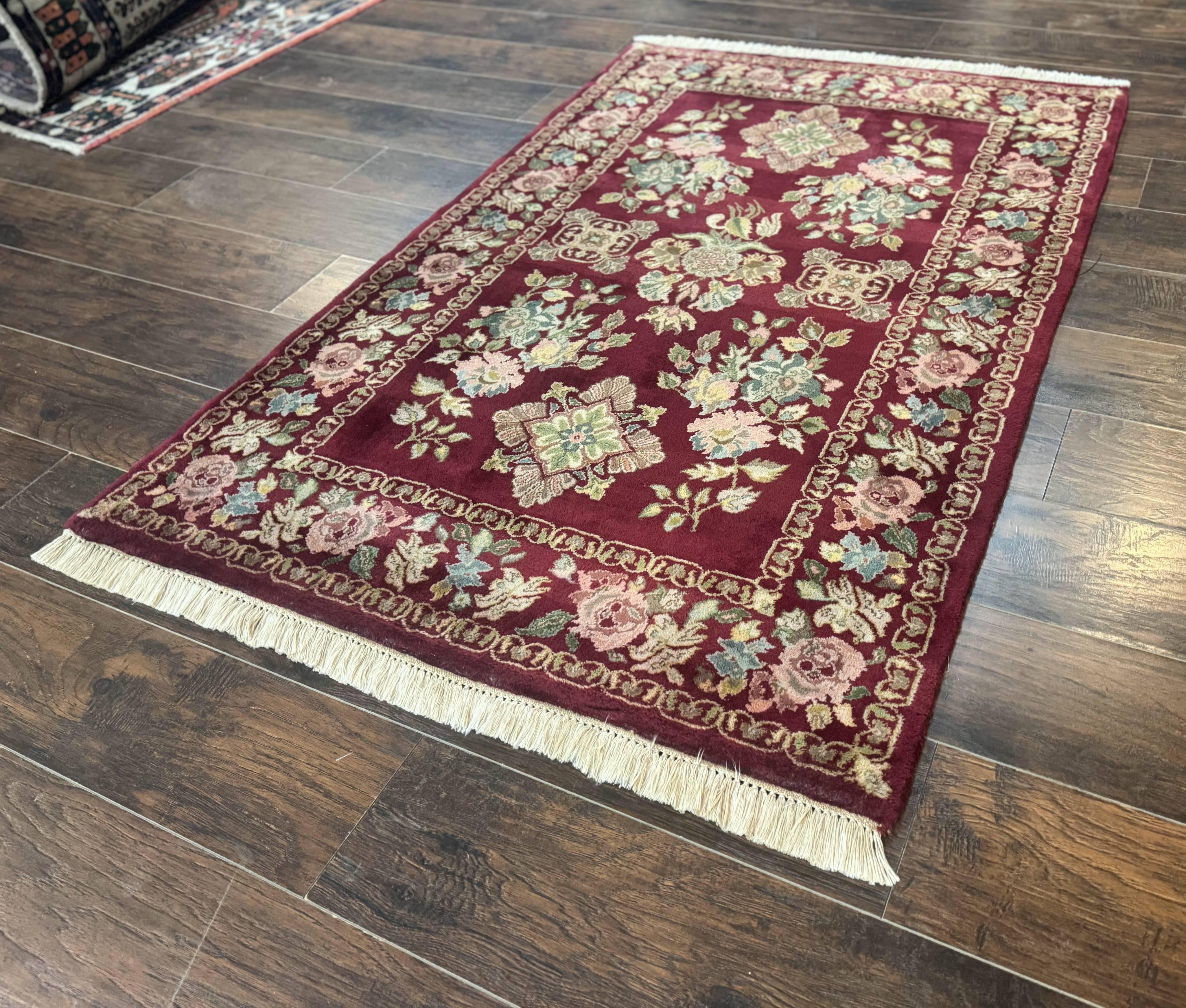 Indo Persian Kerman Rug 4x6, Burgundy, Floral
