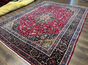 Traditional Persian Rug 8x11, Red Navy Blue, Floral Medallion, Antique Persian Mashad Carpet, Wool