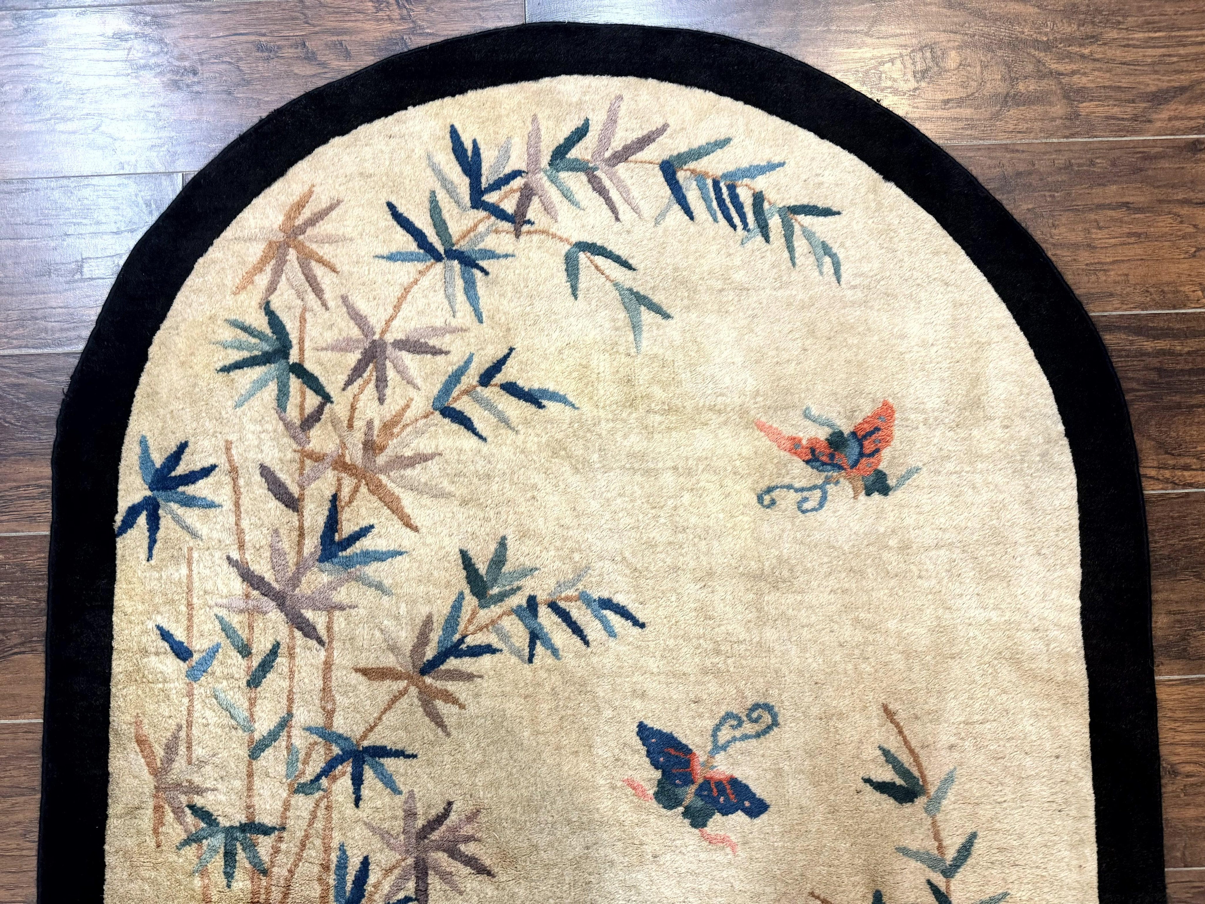 Antique Chinese Oval Rug 3.9 x 6.7, Floral, Butterflies, Chinese Wool Art Deco Peking Carpet, Beige, Handmade