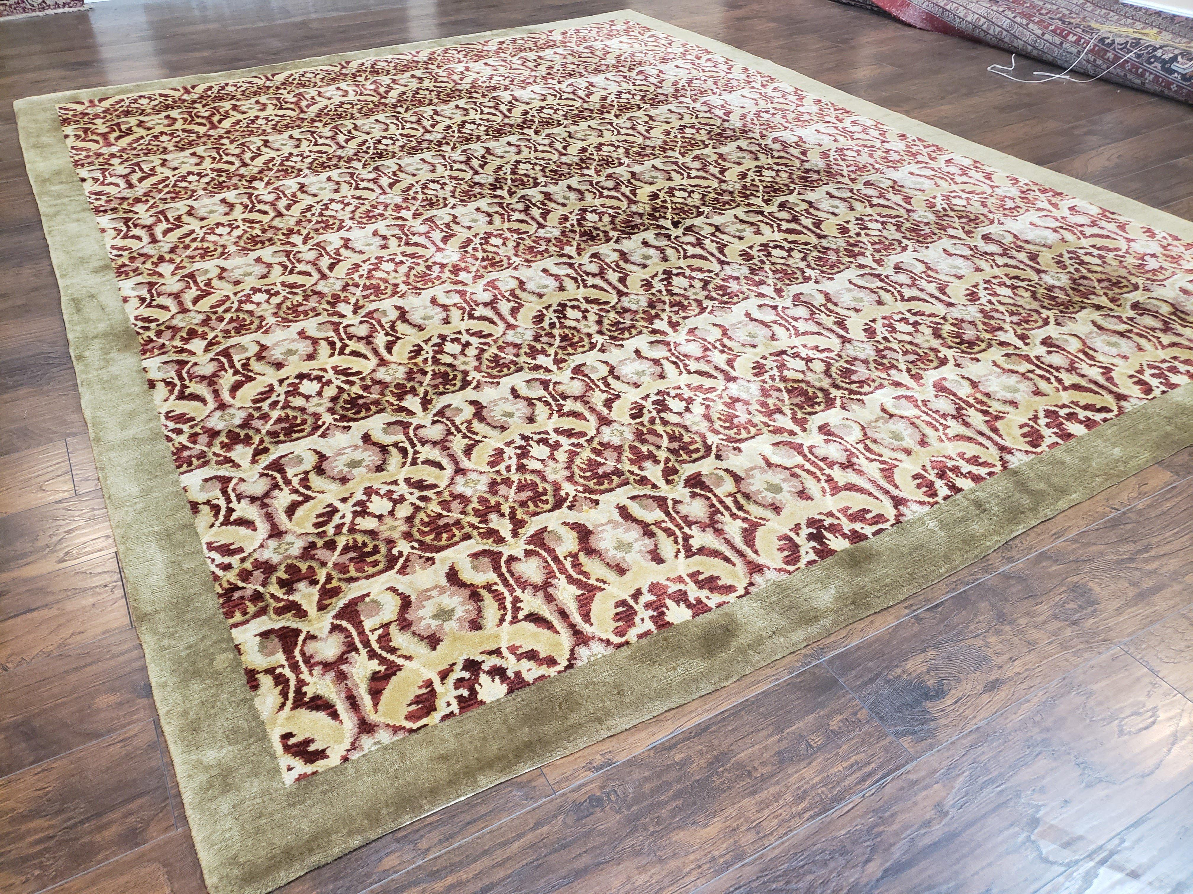 Contemporary Indian Nepalese Room Sized Rug 9 x 11.6, Wool Hand-Knotted Dark Red & Beige Soft Carpet, 9 x 12 Masterloom Living Room Rug