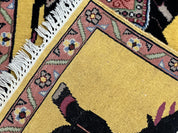 Unique Indian Pictorial Rug 2x3, Small Wool Hand Knotted Oriental Carpet, Yellow, Two Elephants, Handmade