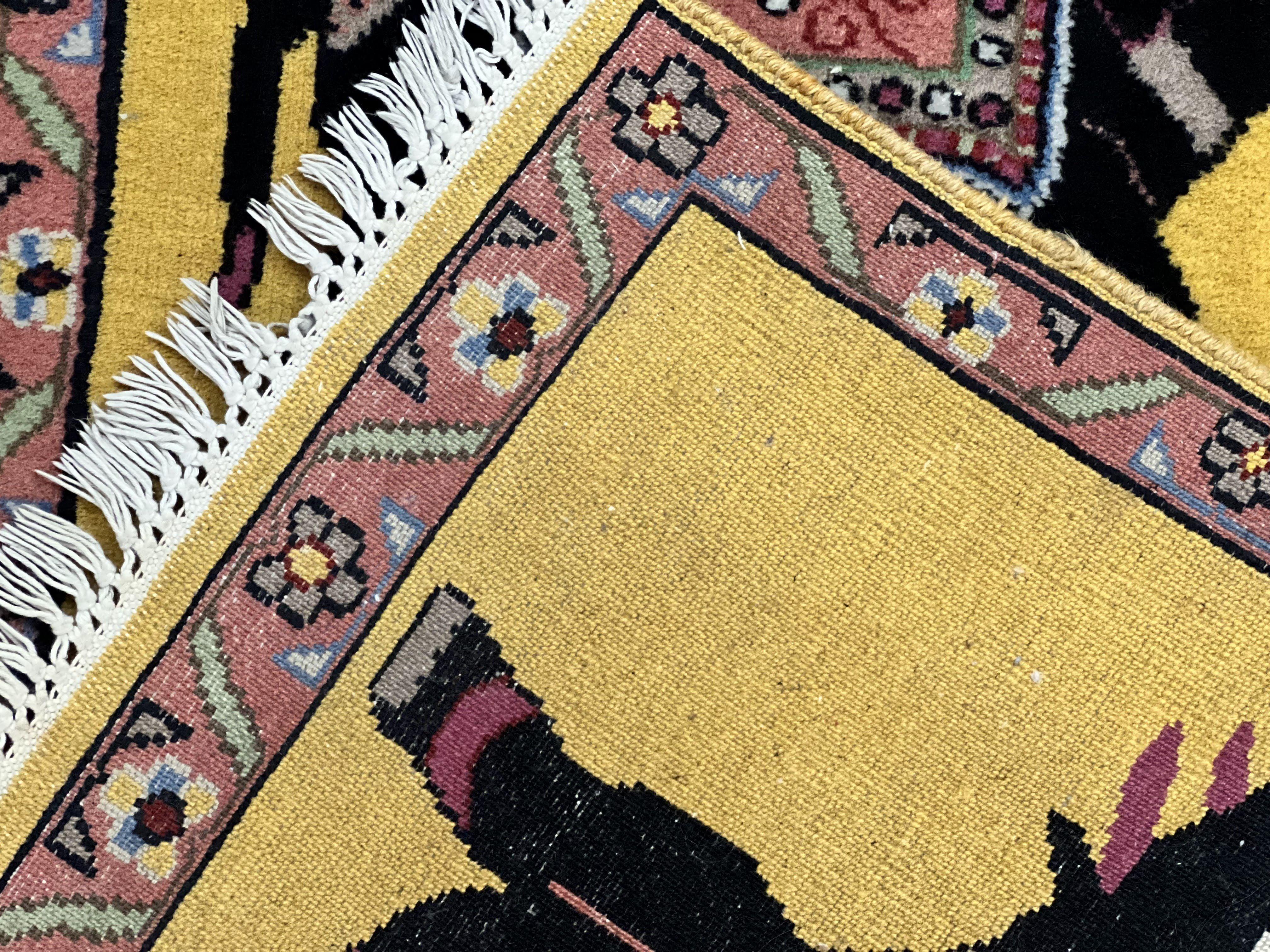 Unique Indian Pictorial Rug 2x3, Small Wool Hand Knotted Oriental Carpet, Yellow, Two Elephants, Handmade