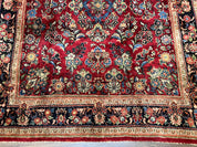 Rare Persian Almost Square Rug 6.3 x 5.3, Hand Knotted Wool Antique 1920s Sarouk Oriental Carpet, Red Navy Blue Beige, Floral Allover, 5x6 Area Rug