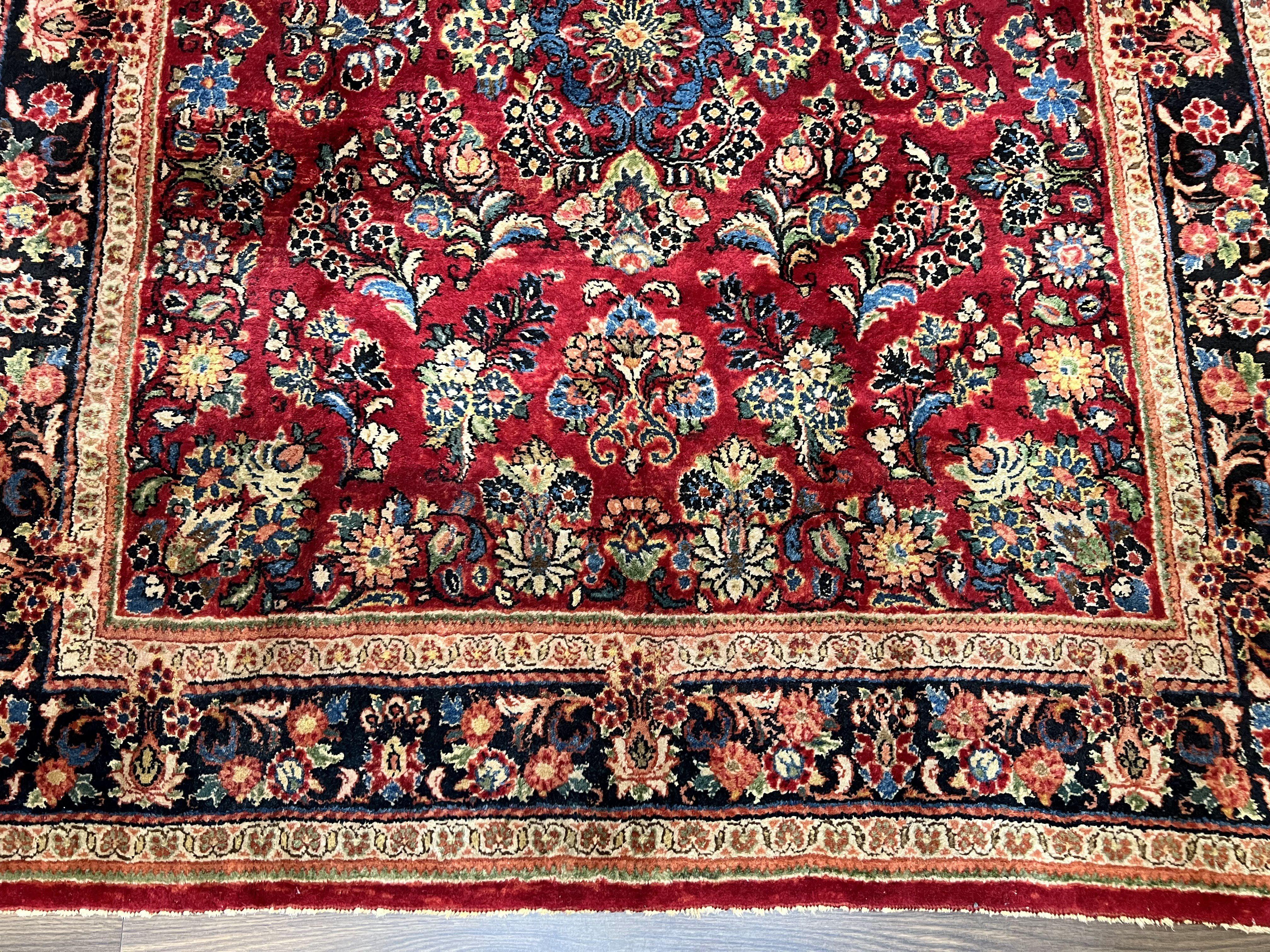 Rare Persian Almost Square Rug 6.3 x 5.3, Hand Knotted Wool Antique 1920s Sarouk Oriental Carpet, Red Navy Blue Beige, Floral Allover, 5x6 Area Rug