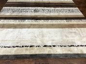Modern Tibetan Nepali Rug 8x12, Stripe Pattern, Wool with Silk Highlights, Handmade, Beige Tan Brown