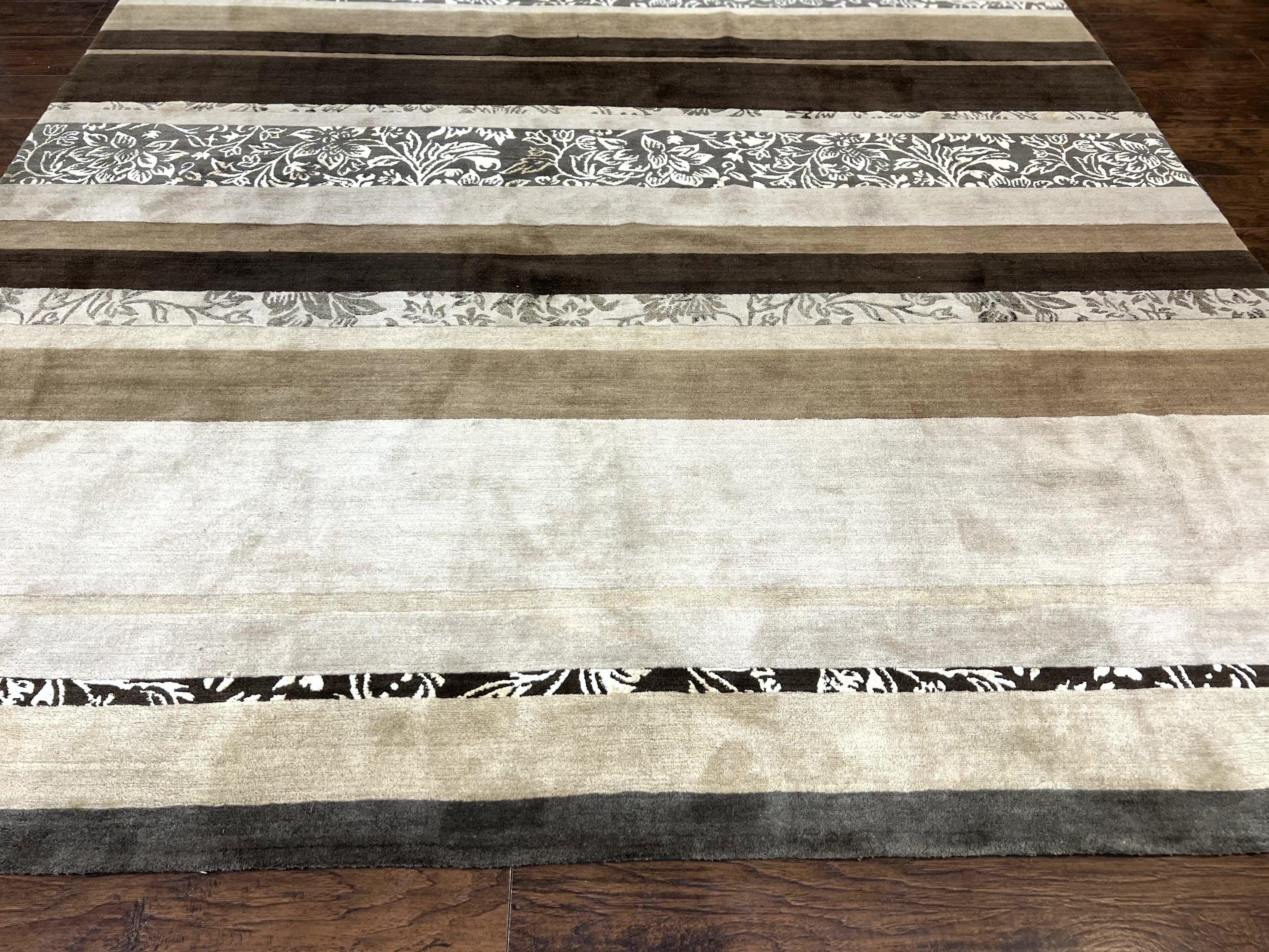 Modern Tibetan Nepali Rug 8x12, Stripe Pattern, Wool with Silk Highlights, Handmade, Beige Tan Brown