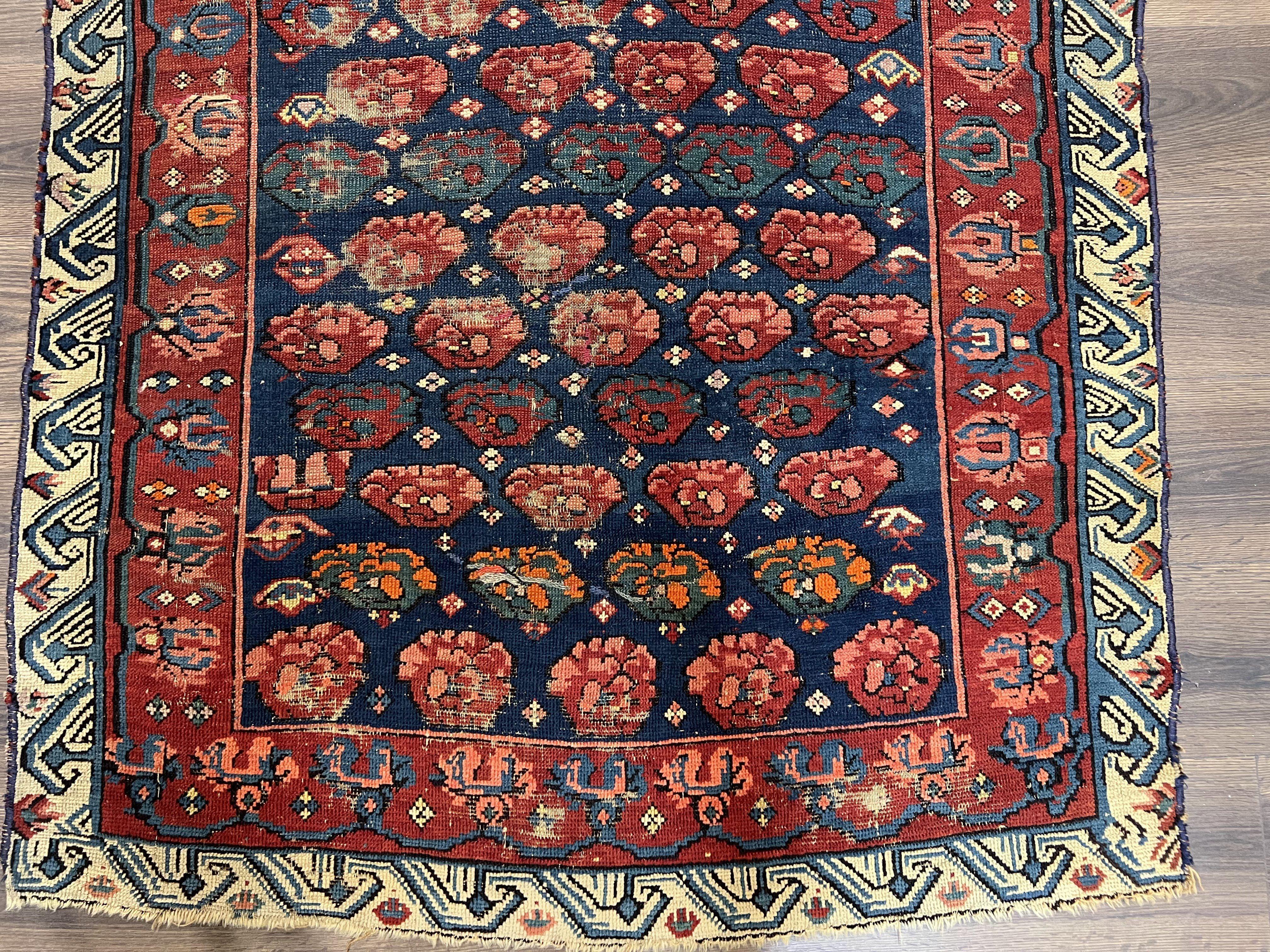 Antique Seychour Rug 4x7, Collectible Kuba Caucasian Carpet, Wool Handmade, Red Navy Blue Cream, Repeated Allover Motif, Early 20th Century