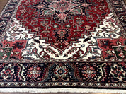 Indo Persian Heriz Rug 8x10, Geometric Medallion, Brick Red Ivory Navy Blue, Room Sized Heriz Carpet, Wool Rug