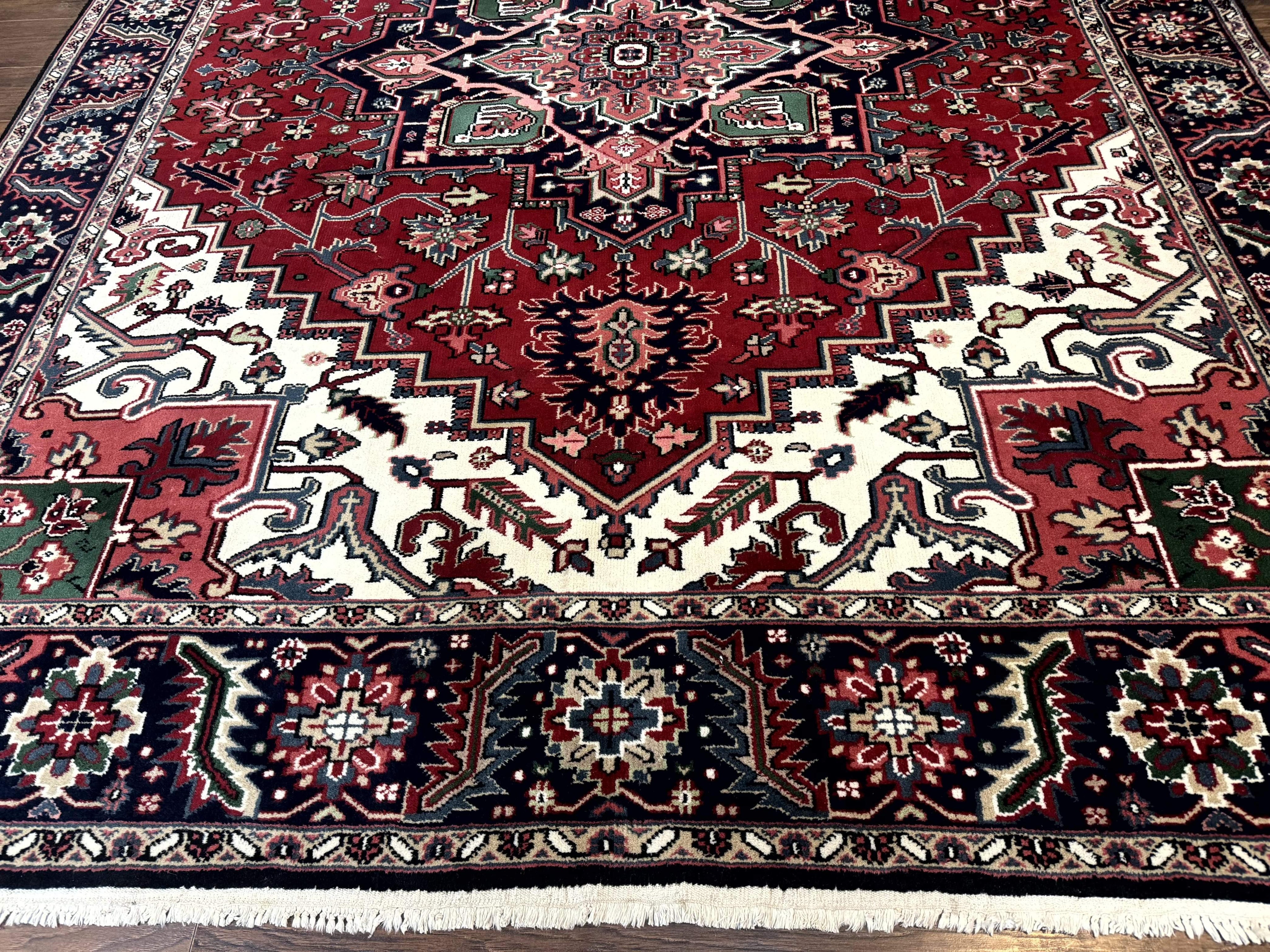 Indo Persian Heriz Rug 8x10, Geometric Medallion, Brick Red Ivory Navy Blue, Room Sized Heriz Carpet, Wool Rug
