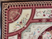 Needlepoint Rug 7.9 x 9, Beige Maroon Rose, Handmade Handwoven Flatweave Aubusson Savonnerie French European Elegant Carpet, Wool Rug