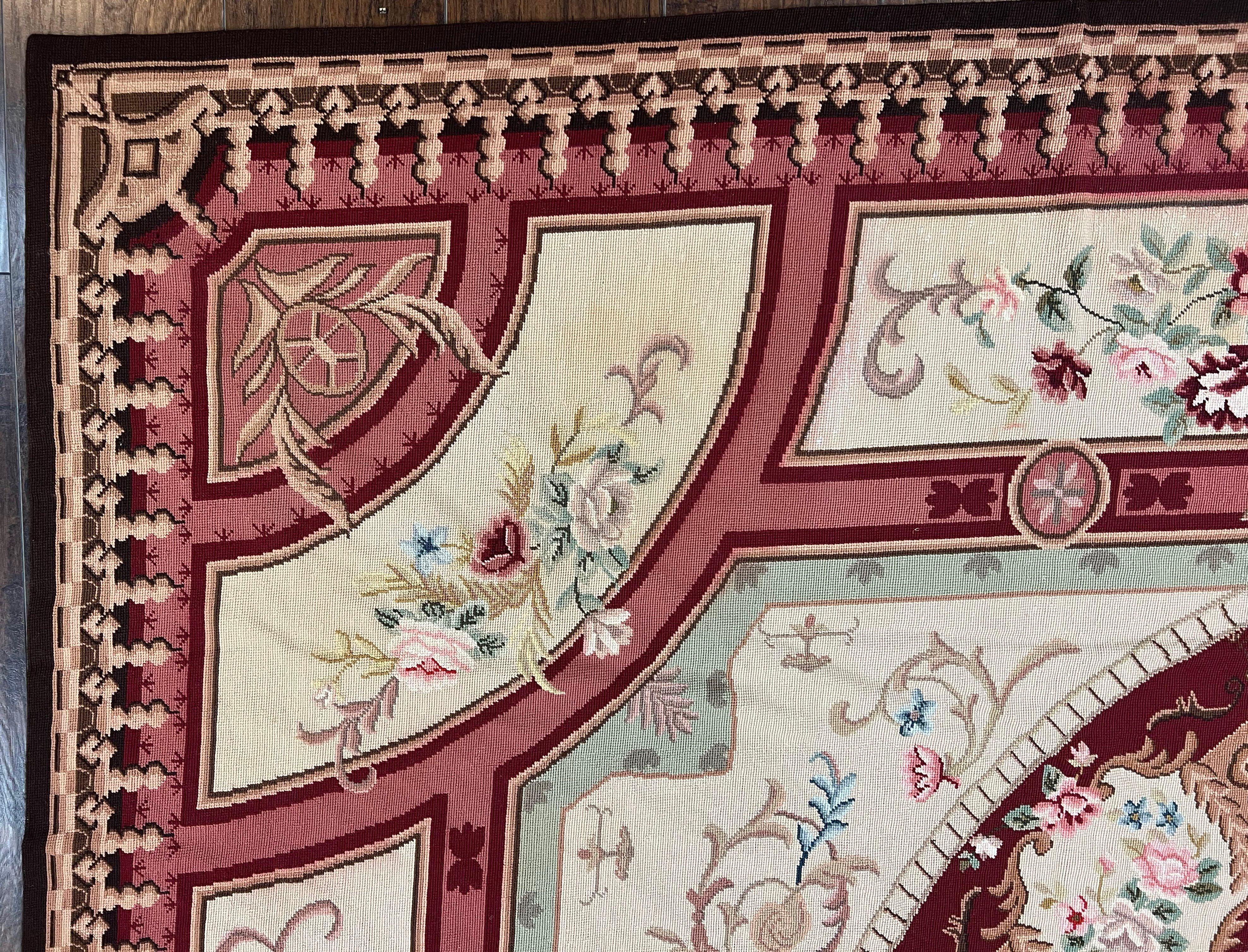 Needlepoint Rug 7.9 x 9, Beige Maroon Rose, Handmade Handwoven Flatweave Aubusson Savonnerie French European Elegant Carpet, Wool Rug