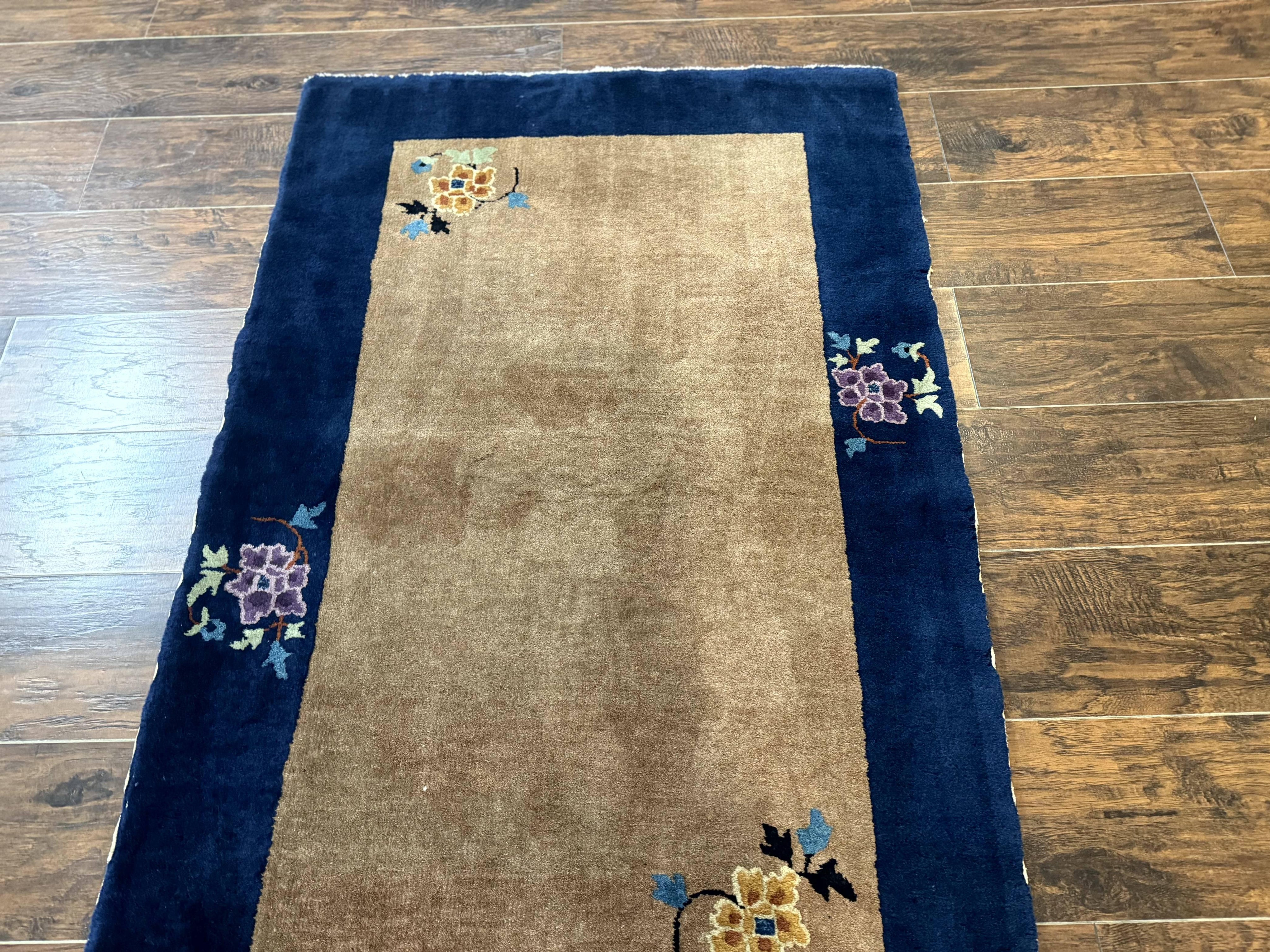 Chinese Rug 3x5, Antique Peking Art Deco Carpet, Simple Design