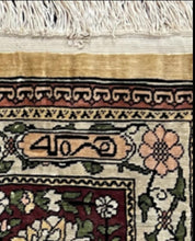 Wonderful Silk Turkish Hereke Prayer Rug 2.8 x 4.5, Tree of Life Design, Signature from Master Weaver, Gold and Burgundy, Handmade, 625 KPSI