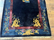 Antique Chinese Peking Rug 3x6, Dark Blue, Bird Motif, Handmade Wool Art Deco Asian Oriental Carpet, Pair B