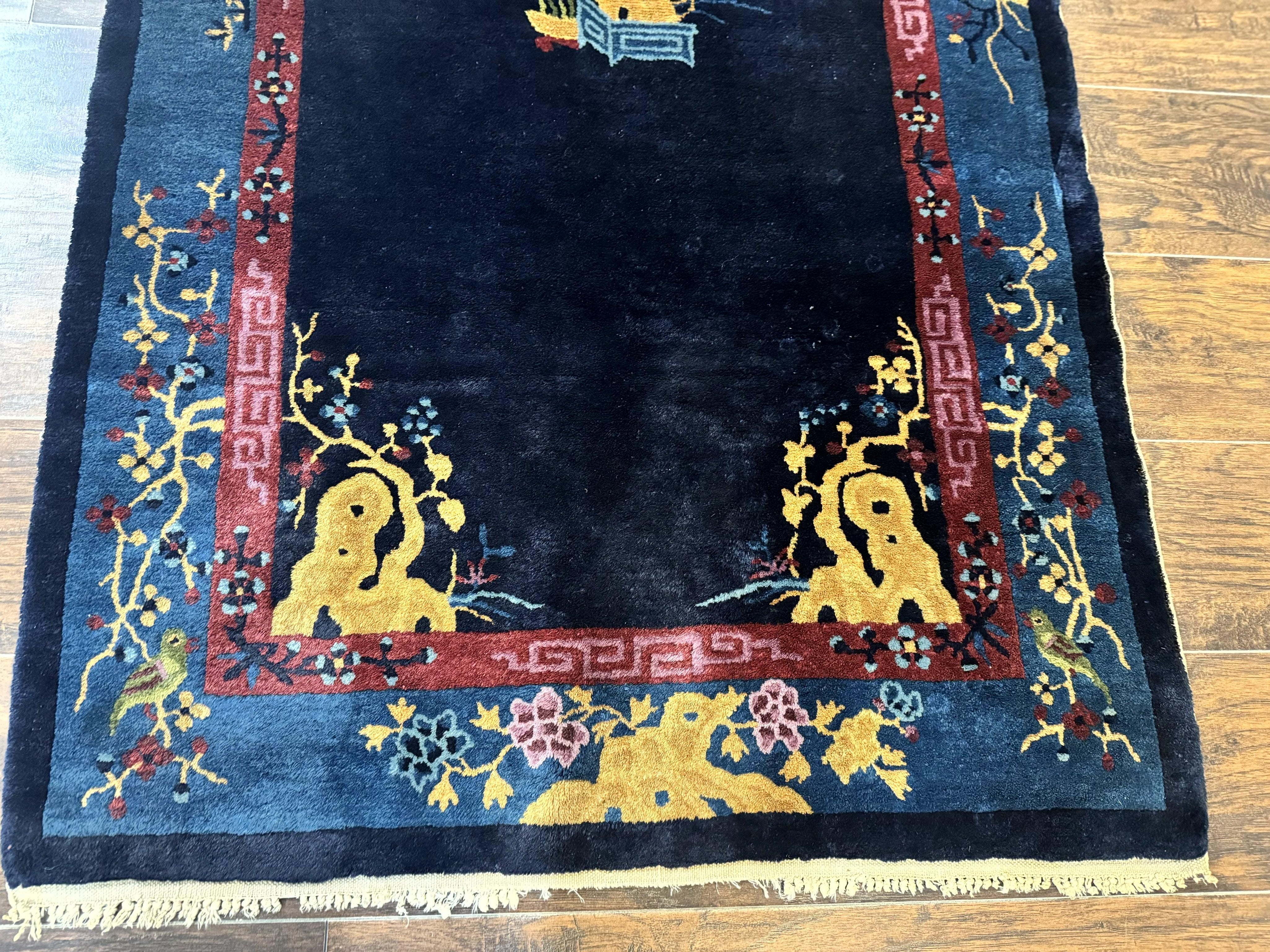 Antique Chinese Peking Rug 3x6, Dark Blue, Bird Motif, Handmade Wool Art Deco Asian Oriental Carpet, Pair B