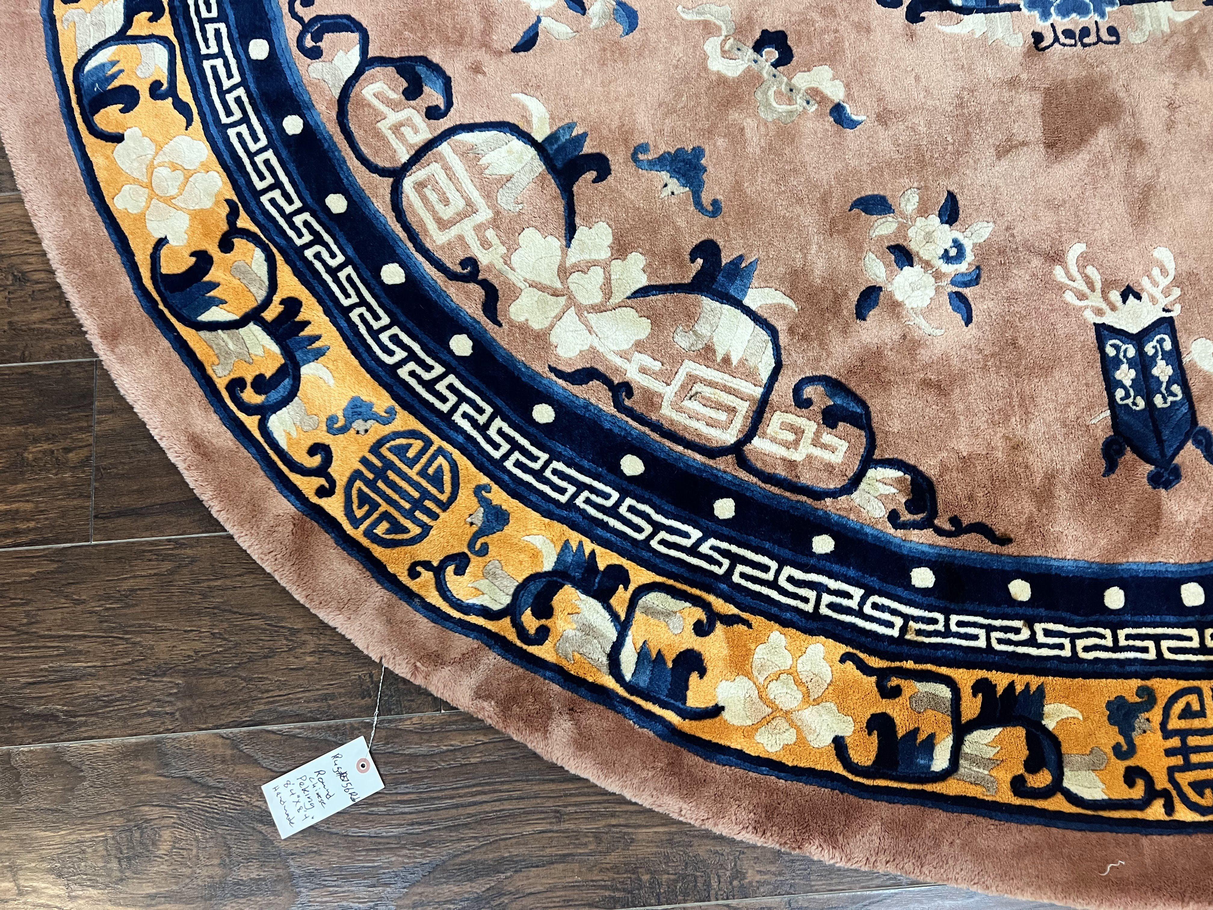Antique Round Chinese Wool Rug 8x8, Chinese Peking Carpet, Asian Oriental Carpet 8 x 8 ft, Chinese Art Deco Rug, Nichols Rug