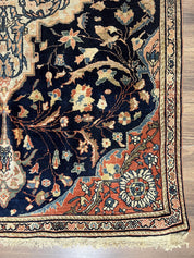 Antique Persian Rug 3.5 x 5, Sarouk Farahan Rug, High Quality 1920s Fine Oriental Carpet 3 x 5 ft, Large Medallion, Floral, Navy Blue Red, Hand Knotted Wool Rug