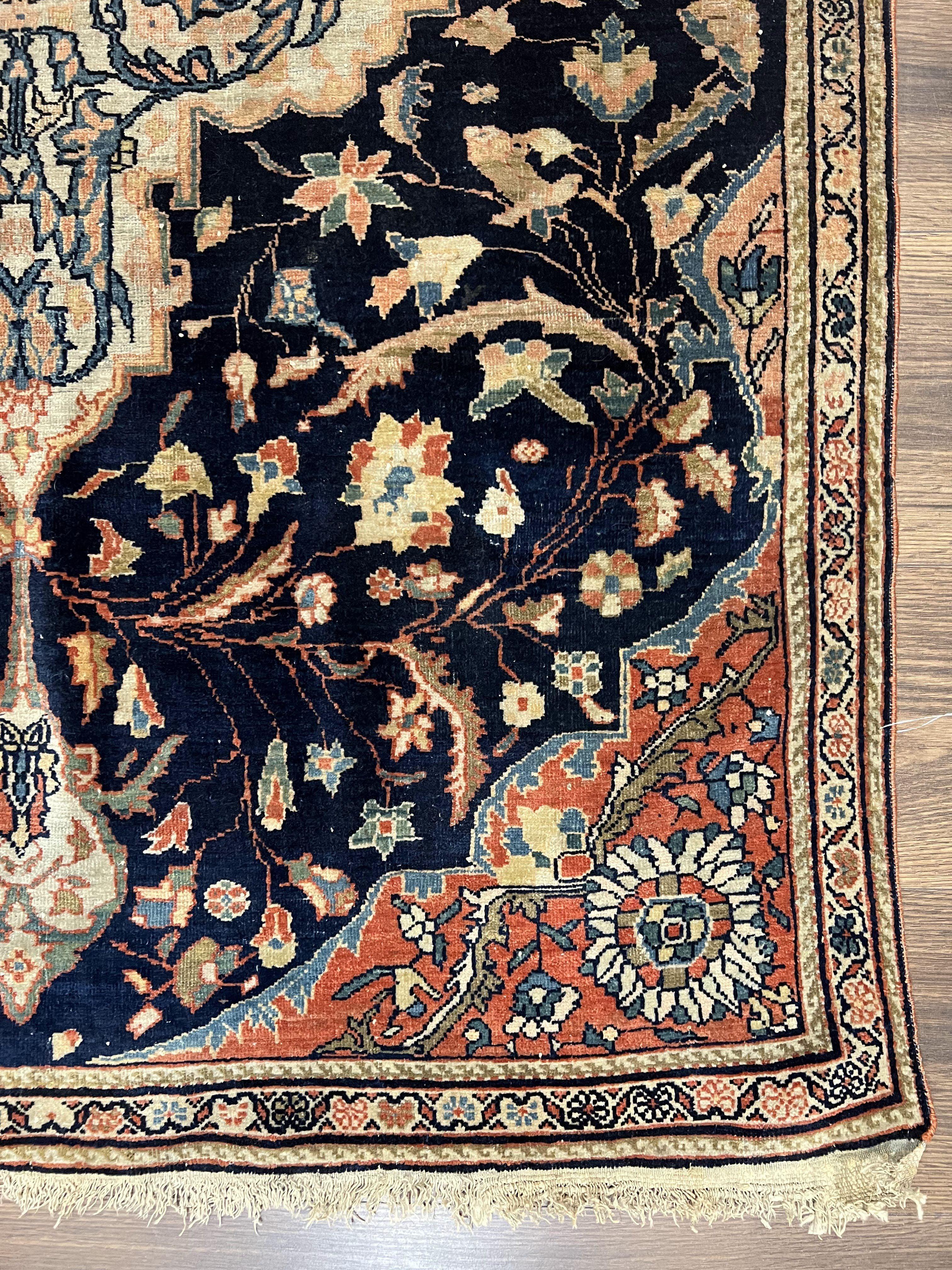 Antique Persian Rug 3.5 x 5, Sarouk Farahan Rug, High Quality 1920s Fine Oriental Carpet 3 x 5 ft, Large Medallion, Floral, Navy Blue Red, Hand Knotted Wool Rug