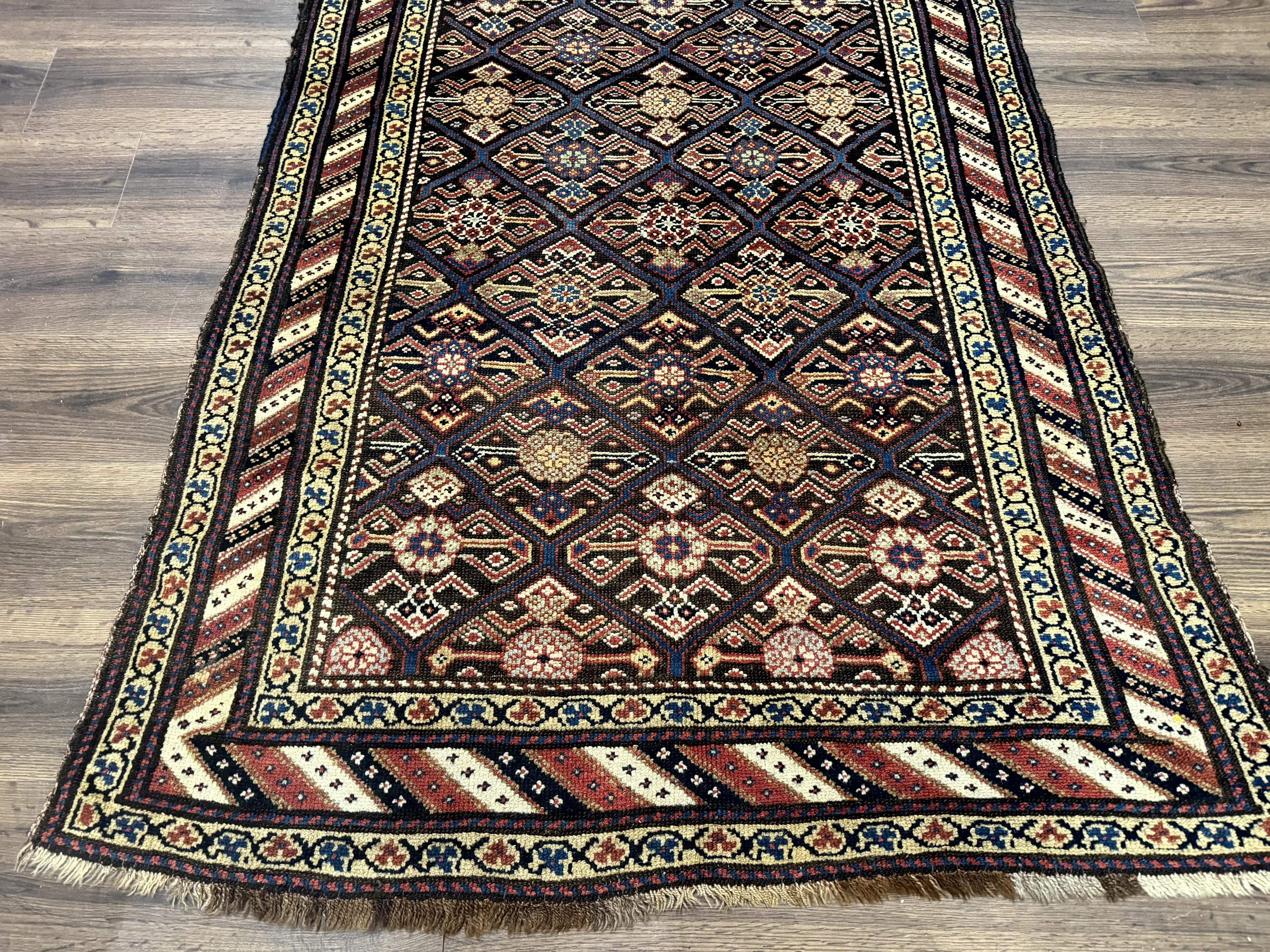 Antique Persian Wide Runner Rug 4x9, Kurdish Rug, Panel Design, Rainbow Border, Rare Tribal Rug