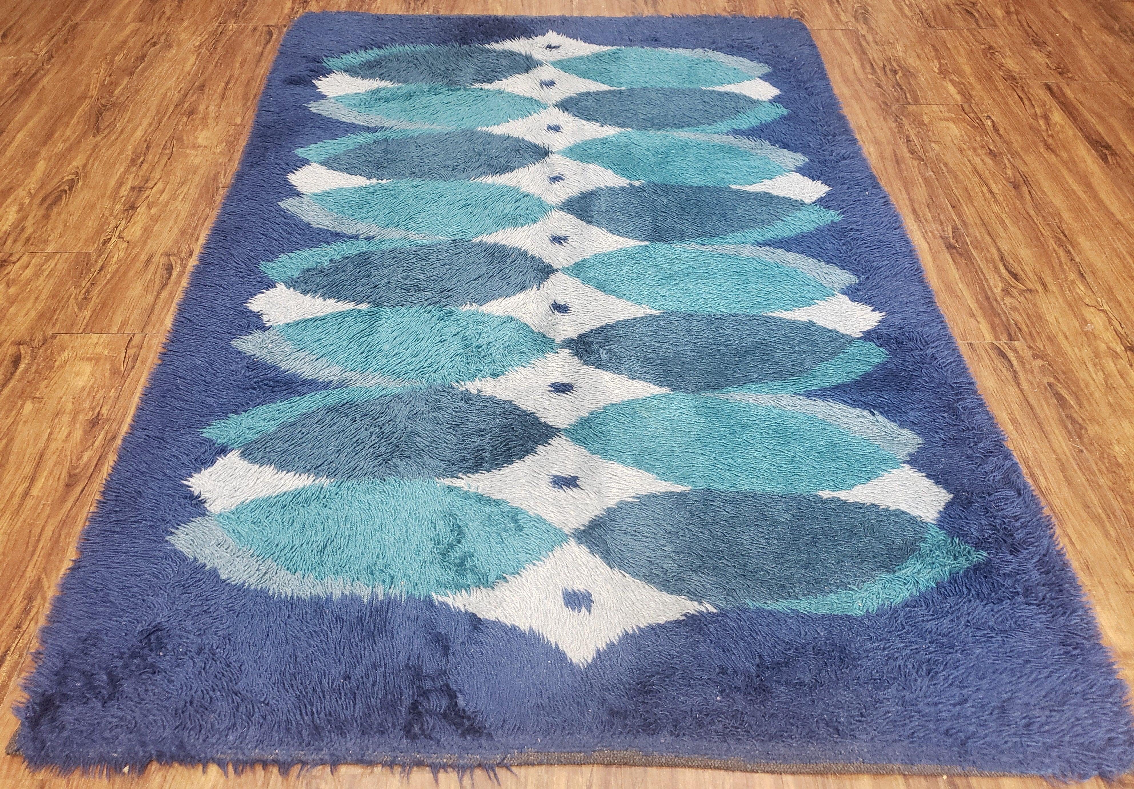 Blue Rya Rug, 1960s Mid-Century Modern Danish Shag Rug 4'6" x 6'7", Ege Rya, Abstract
