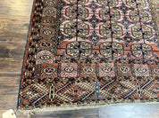 Persian Turkoman Rug 4x6, Wool Hand Knotted Antique Bokhara Carpet, Red Pink, Handmade Tribal Oriental Rug 4 x 6 ft