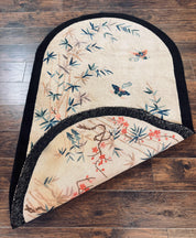 Antique Chinese Oval Rug 3.9 x 6.7, Floral, Butterflies, Chinese Wool Art Deco Peking Carpet, Beige, Handmade