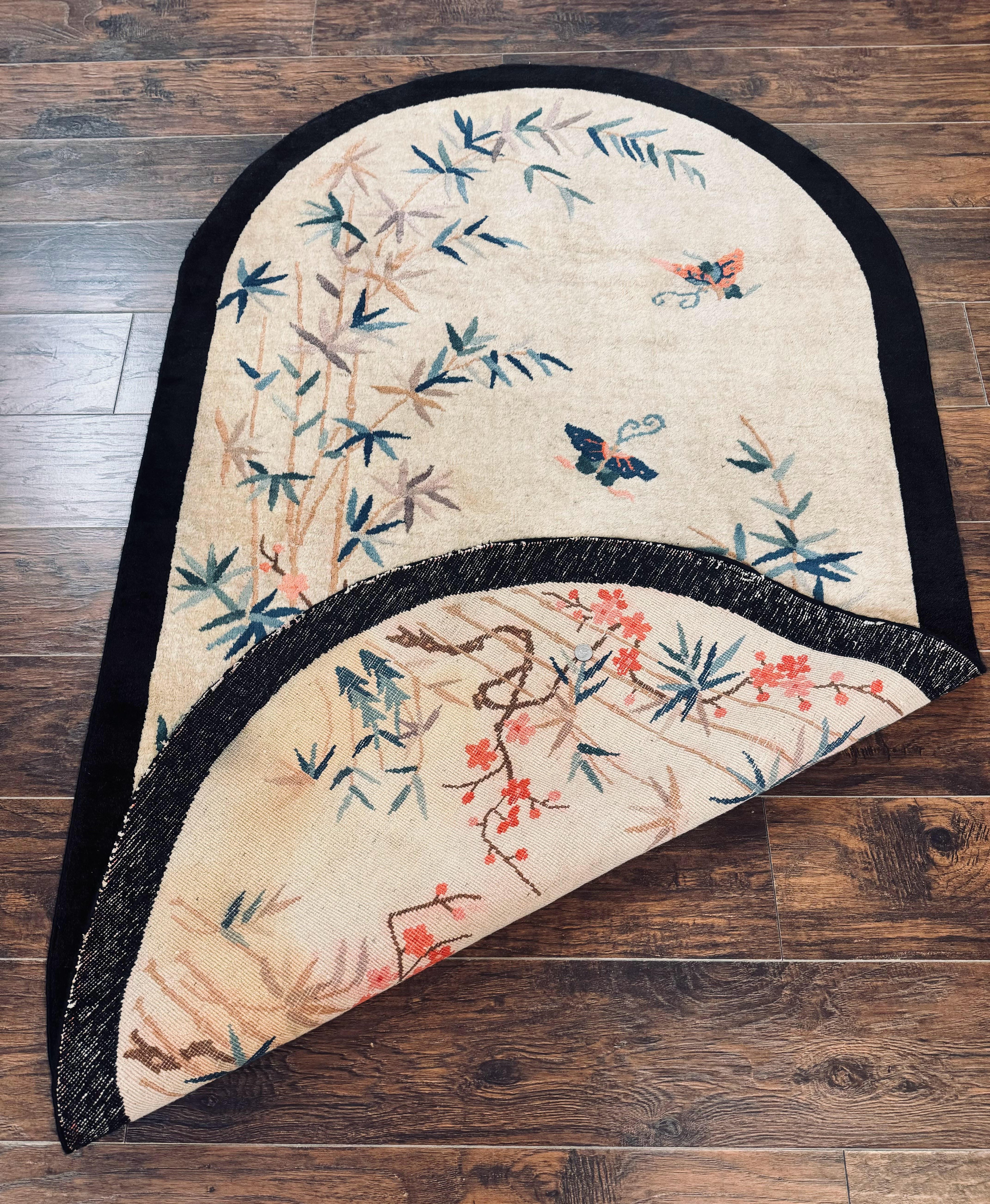 Antique Chinese Oval Rug 3.9 x 6.7, Floral, Butterflies, Chinese Wool Art Deco Peking Carpet, Beige, Handmade