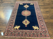 Antique Persian Mashad Rug 4x6, Semi Open Field, Navy Blue, Lion Pictorials, Triple Medallion, Dorokhsh Rug
