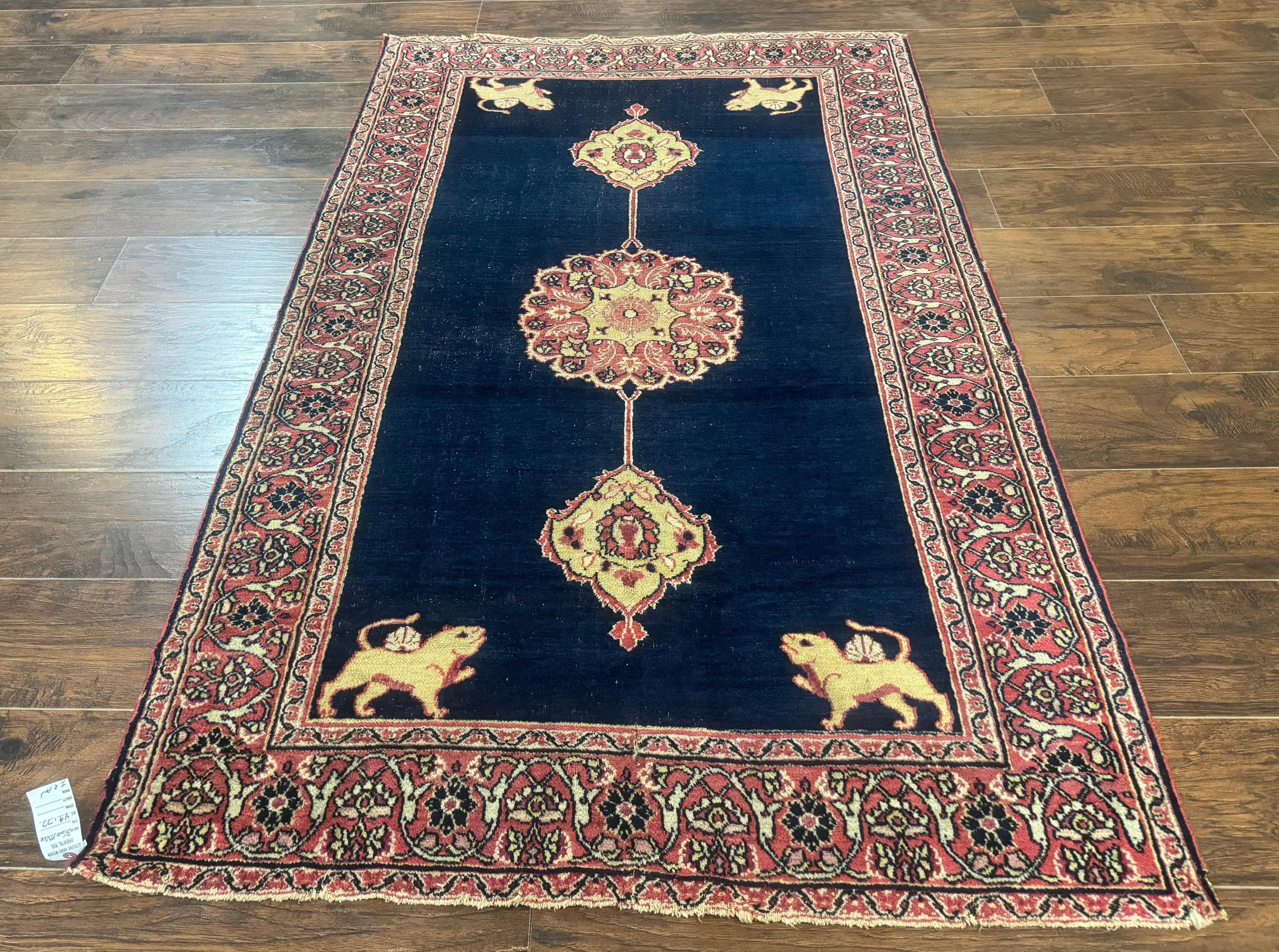 Antique Persian Mashad Rug 4x6, Semi Open Field, Navy Blue, Lion Pictorials, Triple Medallion, Dorokhsh Rug