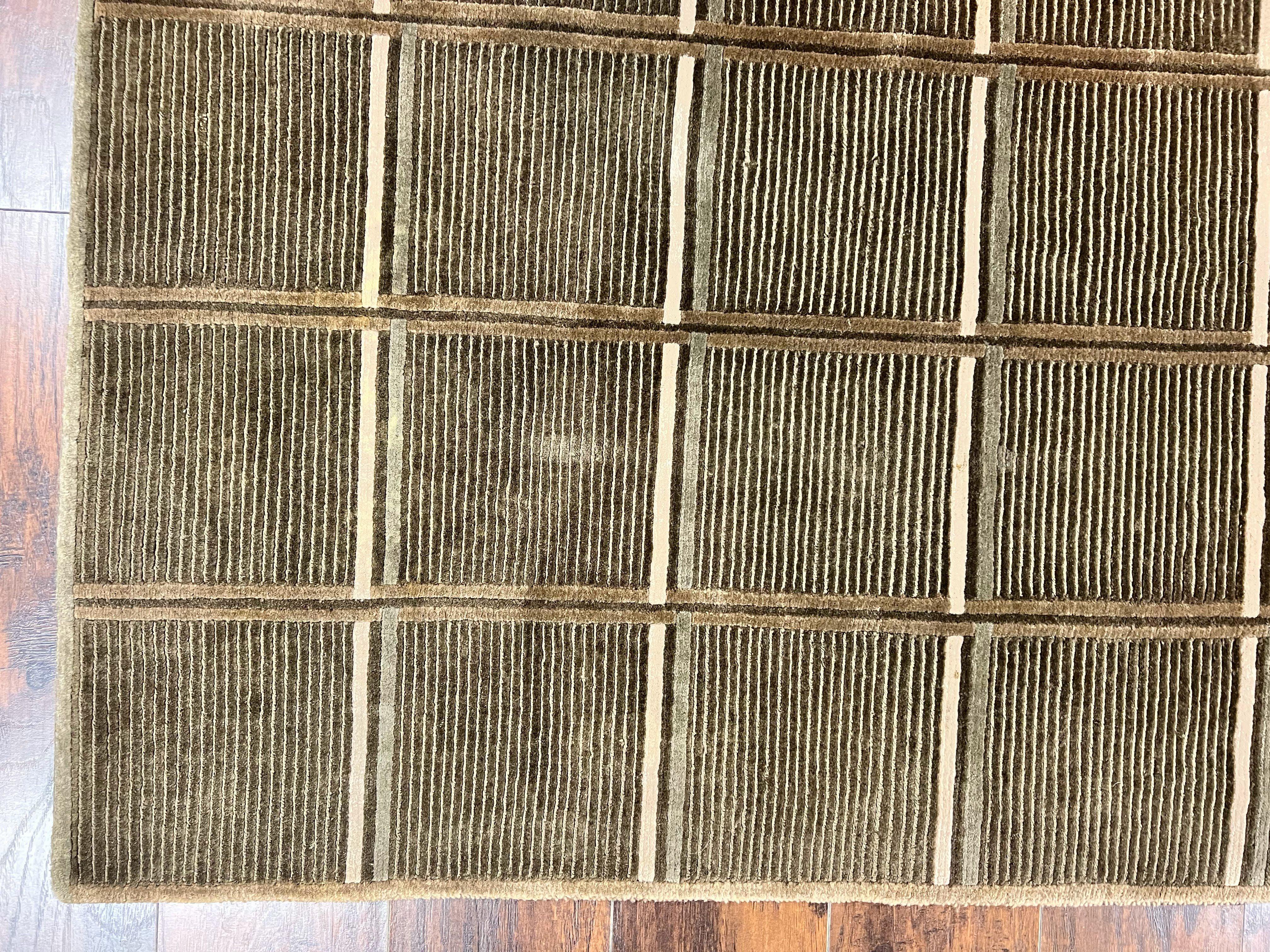 Tibetan Rug 4x6, Green Wool Handmade Area Rug 4 x 6, Panel Design, Modern Contemporary