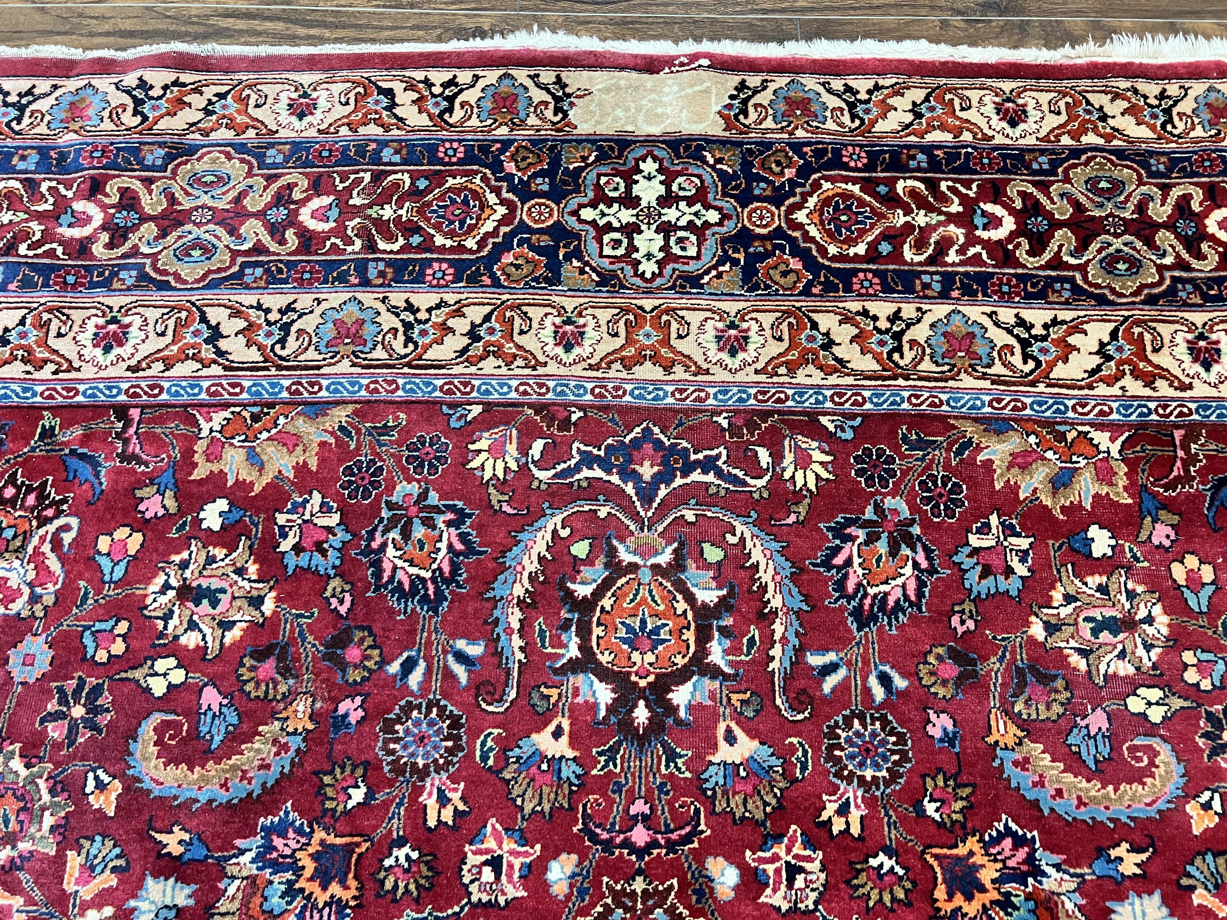 Signed Persian Mashad Rug 8x10, Wool Oriental Carpet, Semi Antique Rug, Hand Knotted, Traditional, Red, Floral Allover,