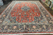 Red Persian Kashan Rug 10x14, Hand-Knotted Semi Antique Floral Medallion Handmade Wool Carpet, Red & Navy Blue
