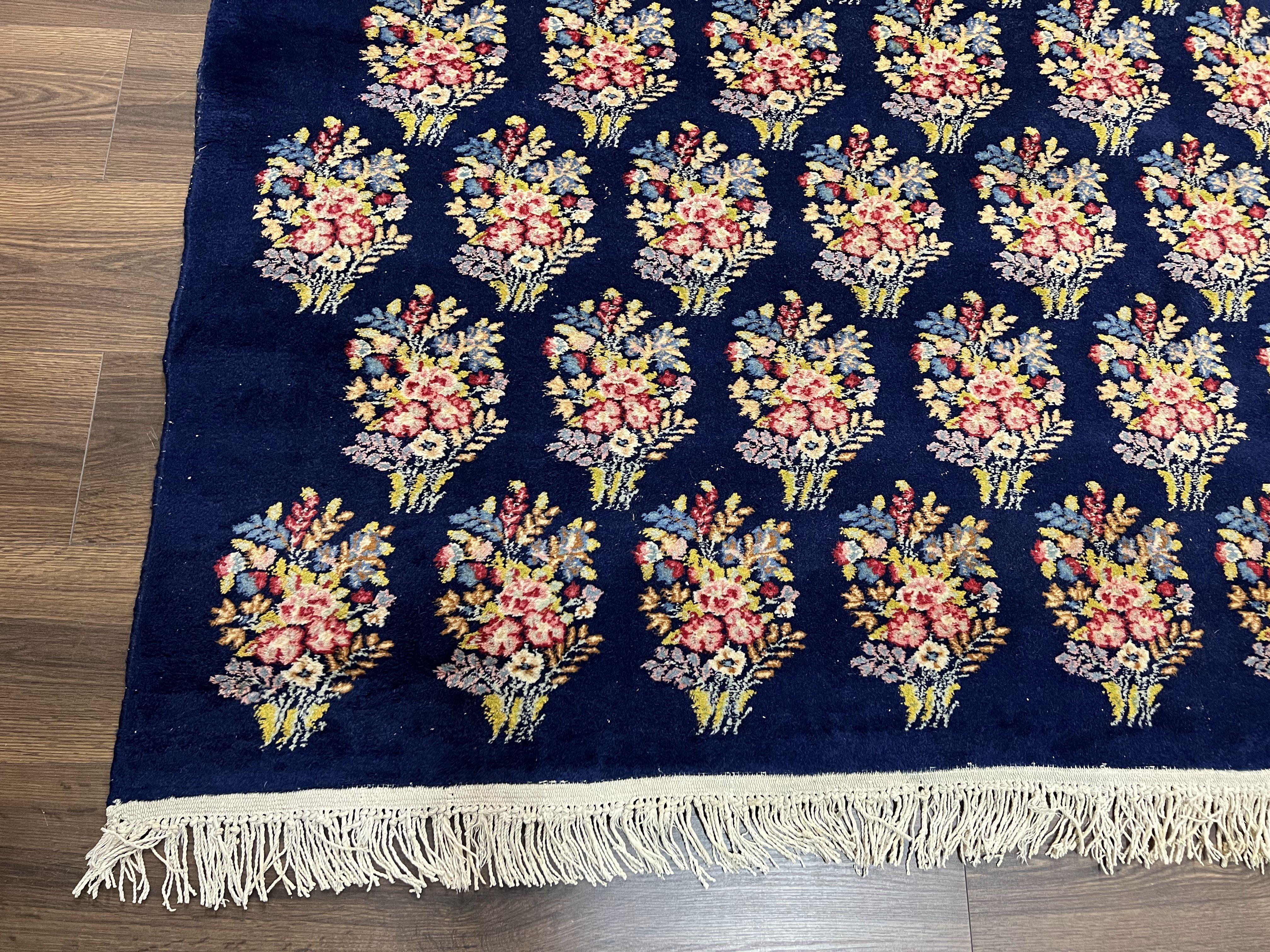 Persian Rug 9x12, Authentic Hand Knotted Carpet, Repeated Floral Motif Garden of Eden, Navy Blue Wool Rug 9 x 12, Semi Antique Kirman Rug