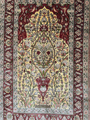 Wonderful Silk Turkish Hereke Prayer Rug 2.8 x 4.5, Tree of Life Design, Signature from Master Weaver, Gold and Burgundy, Handmade, 625 KPSI