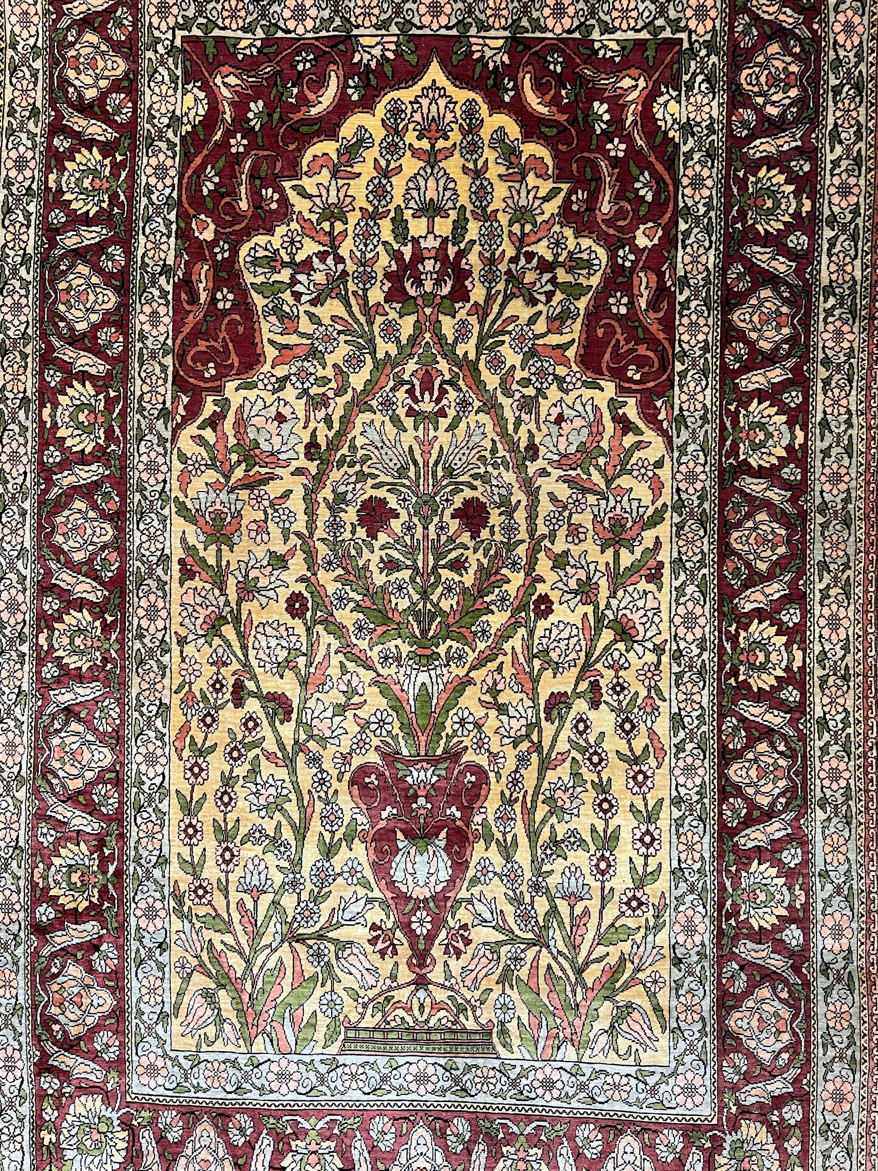 Wonderful Silk Turkish Hereke Prayer Rug 2.8 x 4.5, Tree of Life Design, Signature from Master Weaver, Gold and Burgundy, Handmade, 625 KPSI