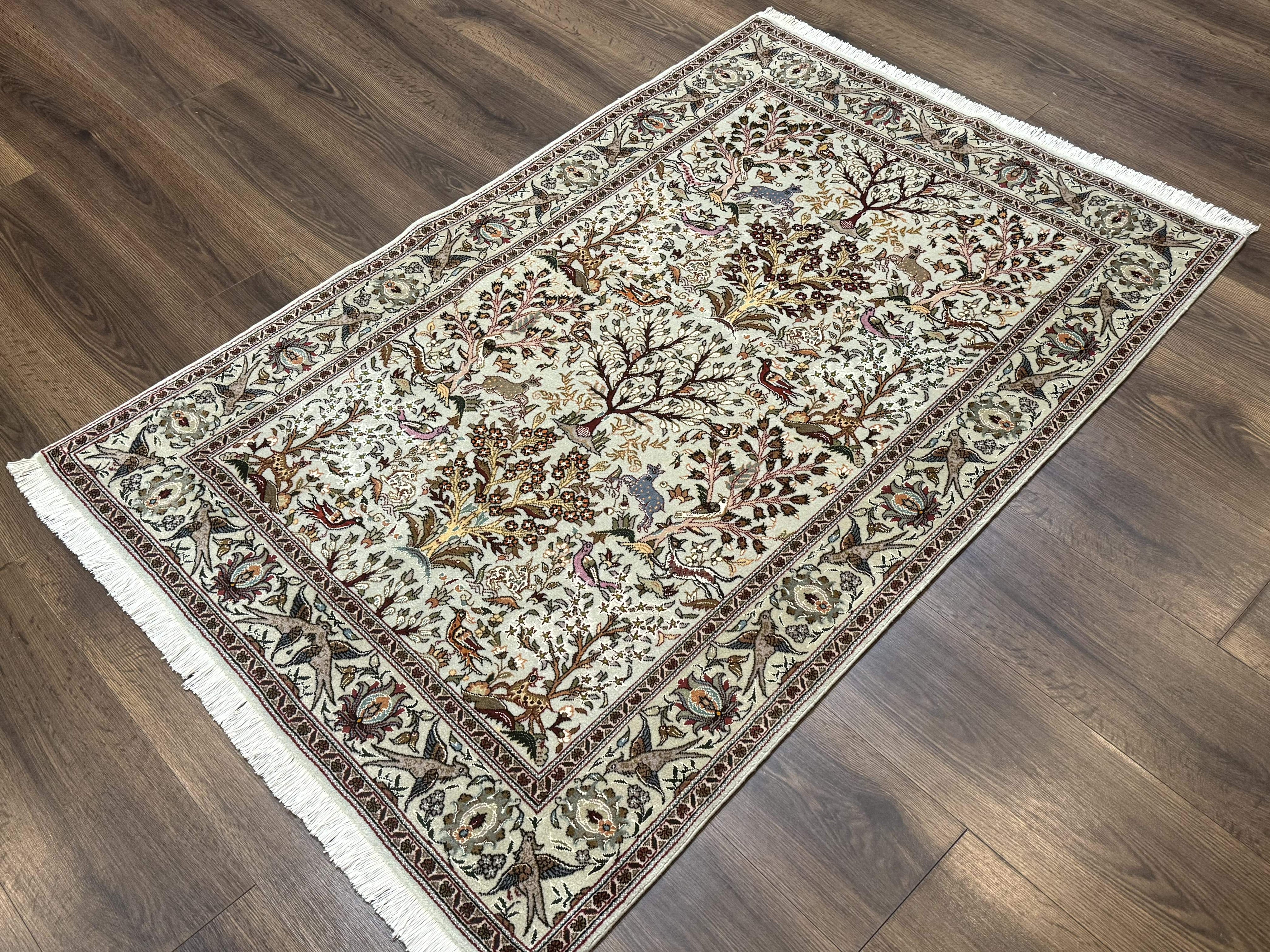 Wonderful Persian Tabriz Rug 3x5, Tree of Life, Animal Pictorials, Birds, Wool & Silk Highlights, Fine 330 KPSI