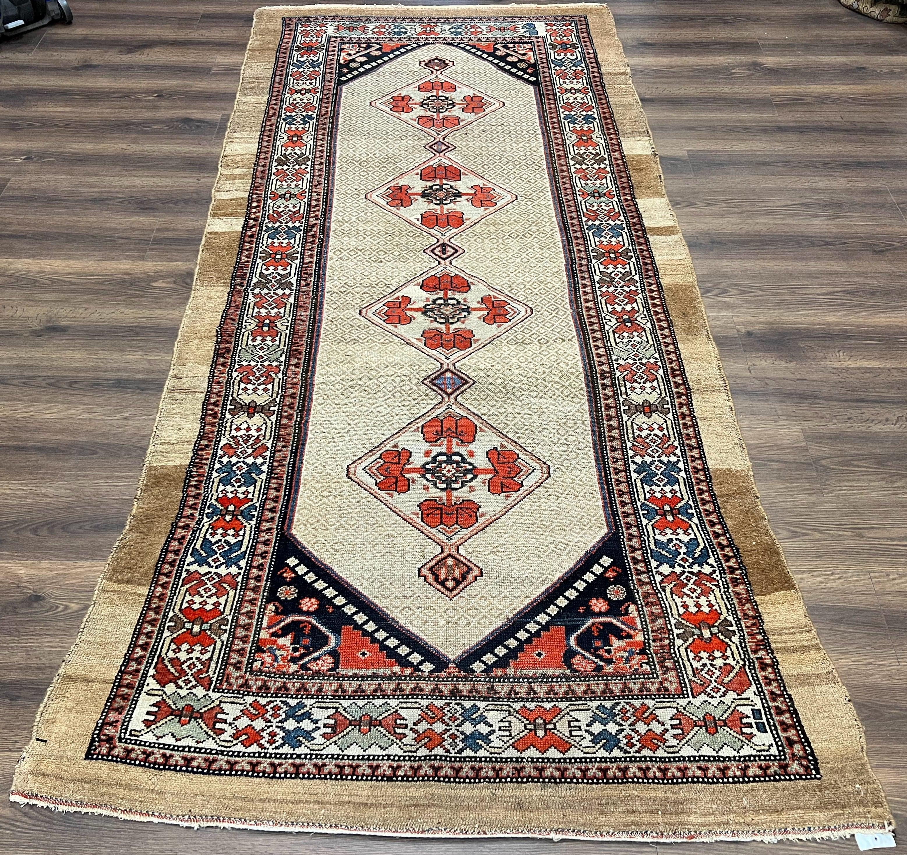 Rare Persian Sarab Tribal Runner Rug 4 x 10, Antique, Geometric Medallions, Camel Hair Runner